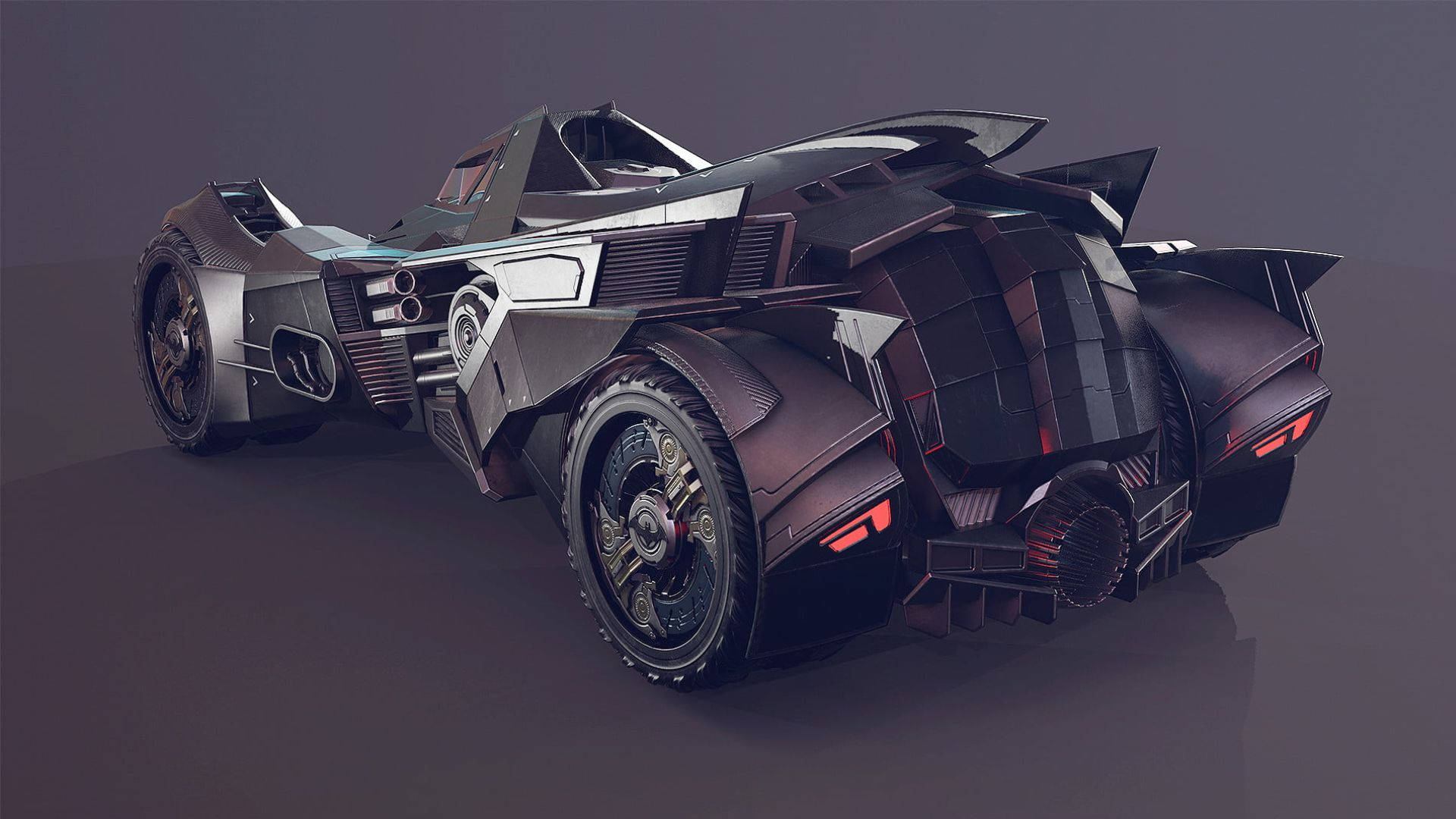 Batmobile 桌布 壁紙 — 一架時尚未來感黑色蝙蝠車，帶有發光紅色點綴和棱角裝甲，在黑暗的攝影棚背景下蓄勢待發。
