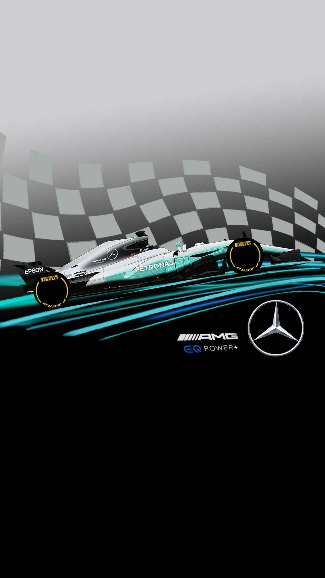 Mercedes 桌布 壁紙 — 一架時尚的 Mercedes-AMG 一級方程式賽車越過方格旗終點線，在簡約的灰色和黑色背景上留下動態的藍綠色運動軌跡。