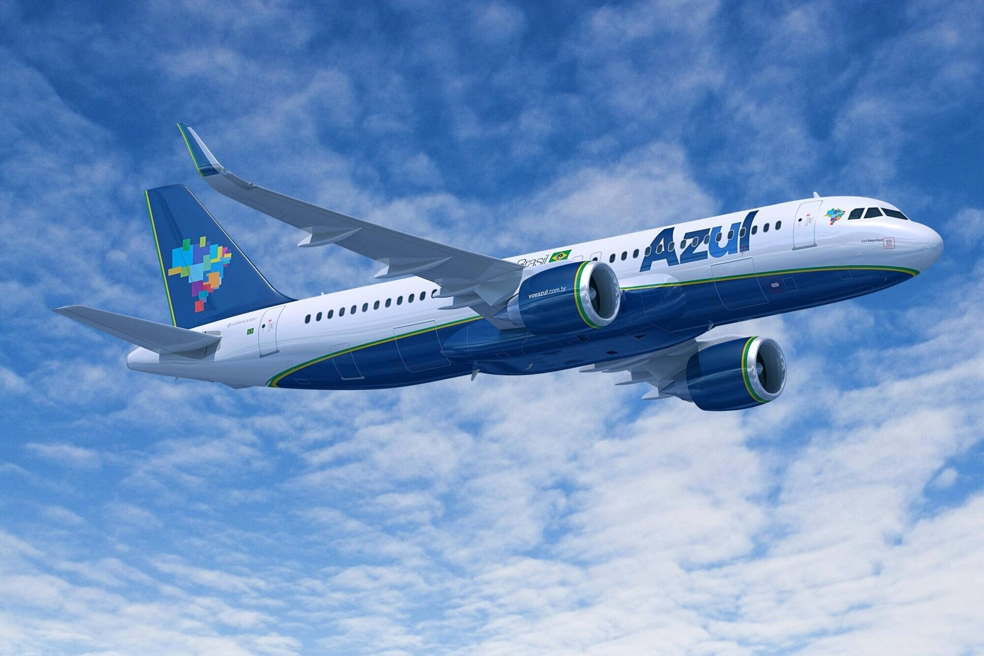 Brazil 桌布 壁紙 — 一架時尚的Azul Airlines飛機優雅地翱翔在點綴著蓬鬆白雲的鮮豔藍天中。