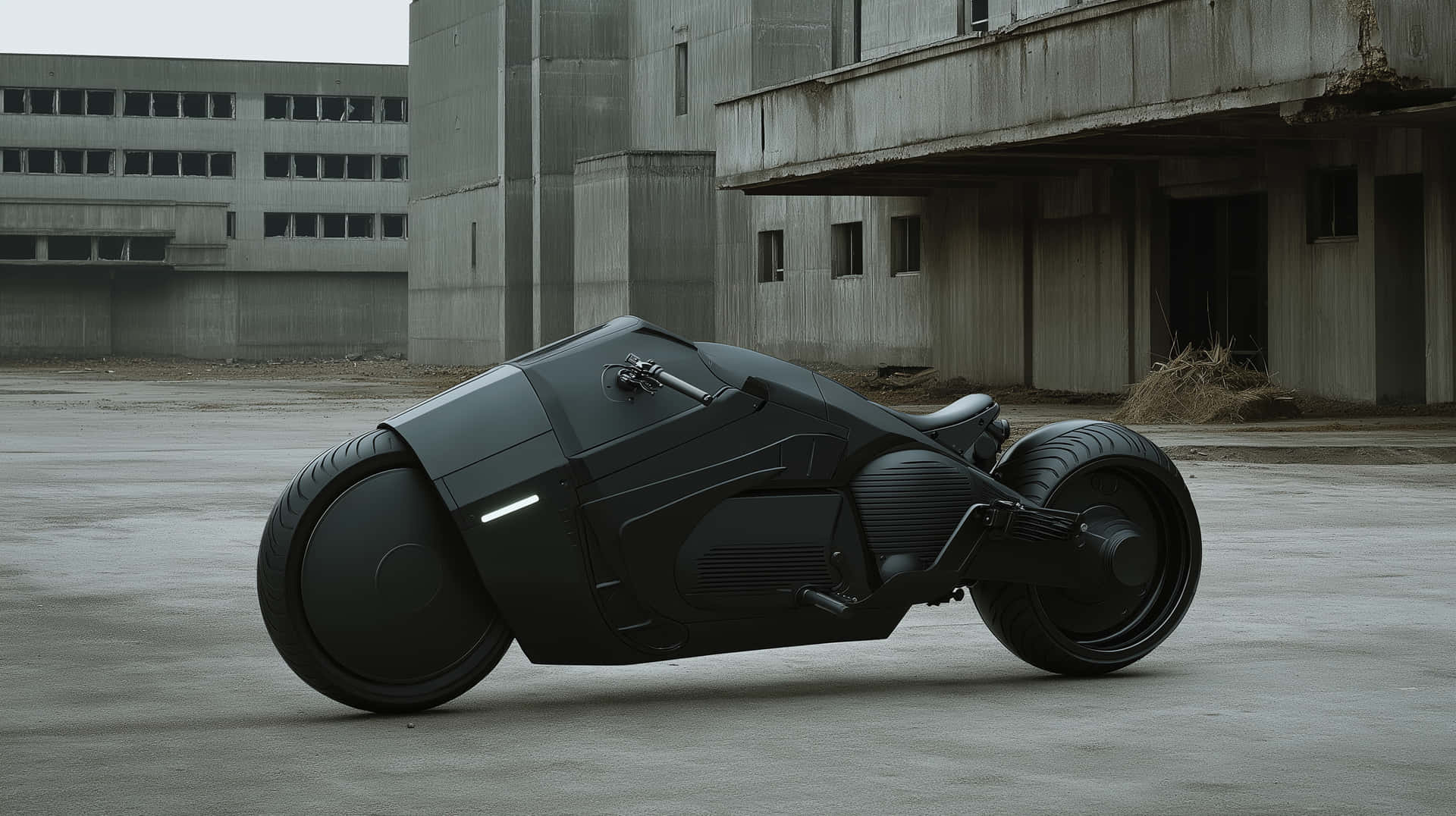 Sleek Matte Black Futuristic Motorcycle in Urban Decay 壁紙 — 一架時尚的啞光黑色未來感機車，配有大輪胎，停放在廢棄的混凝土工業場地。