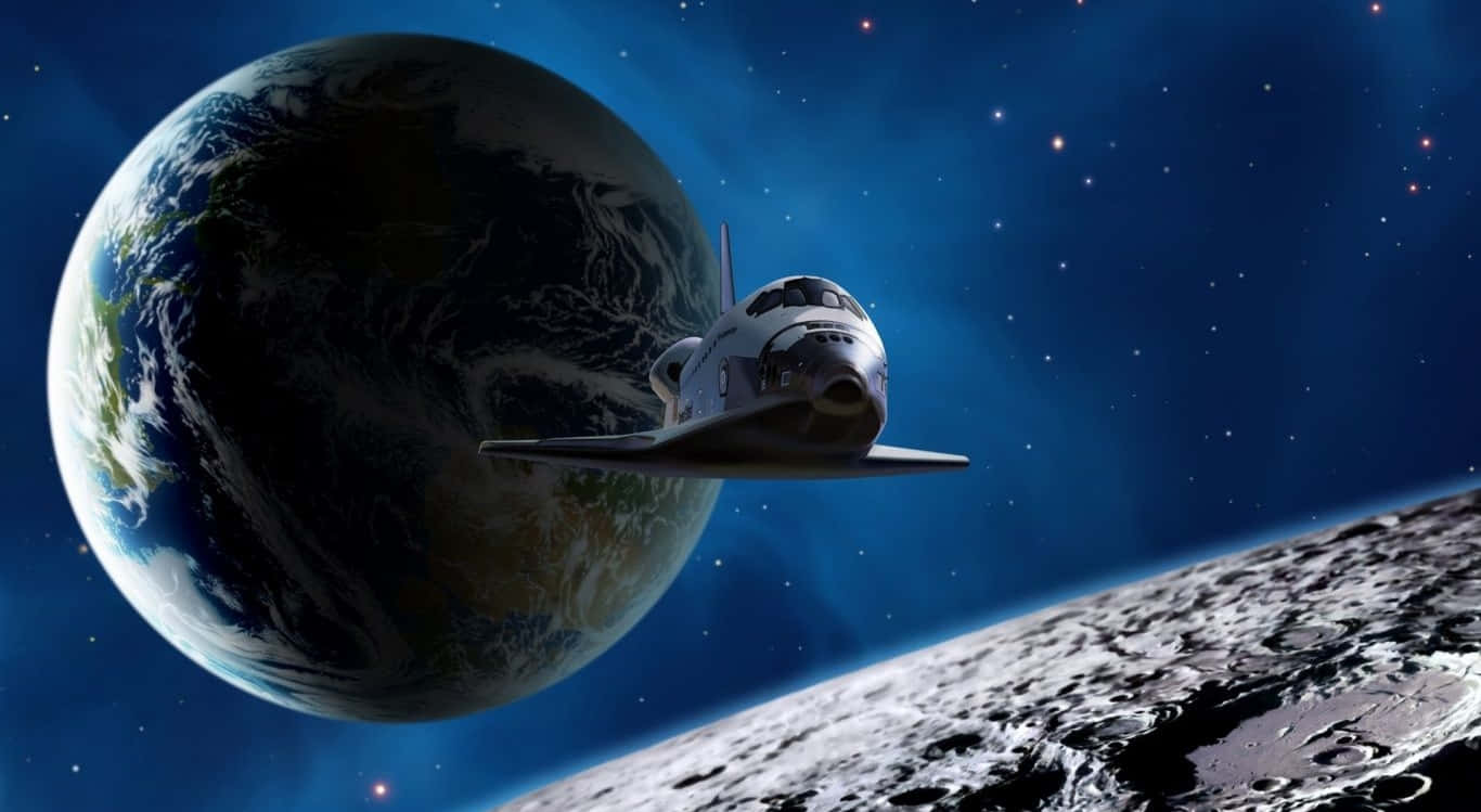 月光 桌布 壁紙 — 一架時尚的太空梭在繁星點點的宇宙背景下，於地球和月球之間飛行。