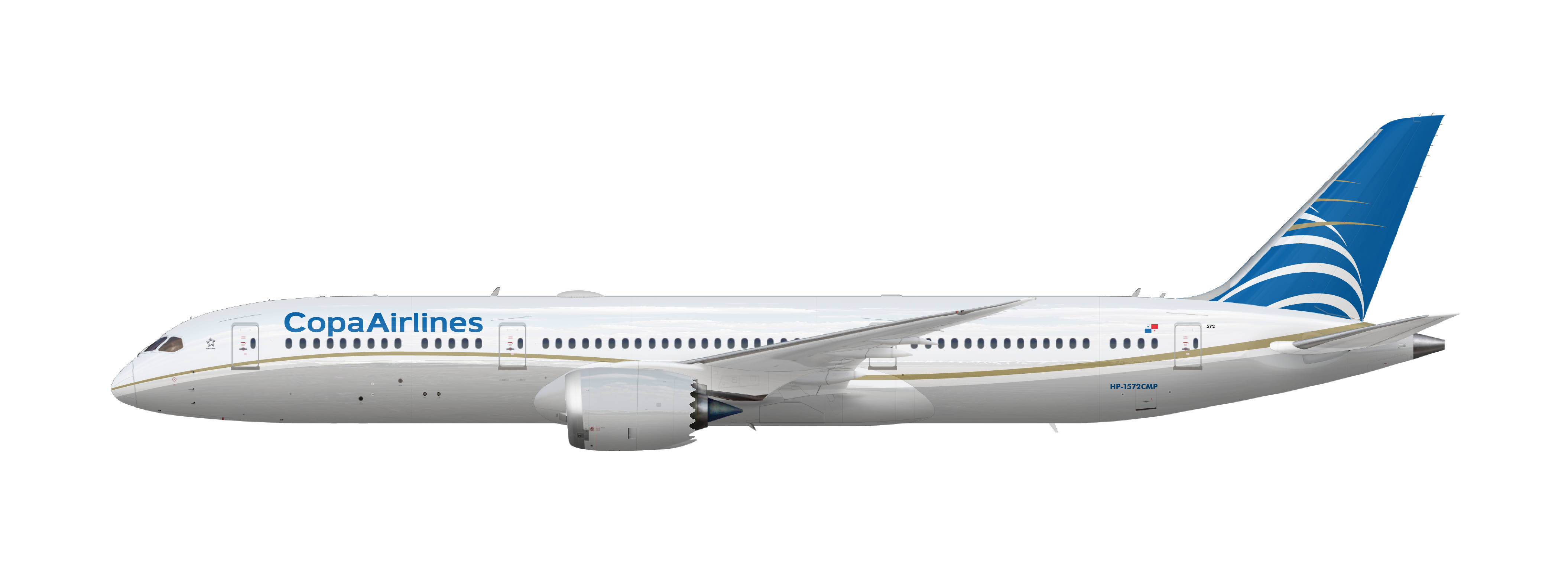 飛機 桌布 壁紙 — 一架時尚的巴拿馬航空波音787夢幻客機，採用白色和藍色塗裝，在純白背景上以側面展示。