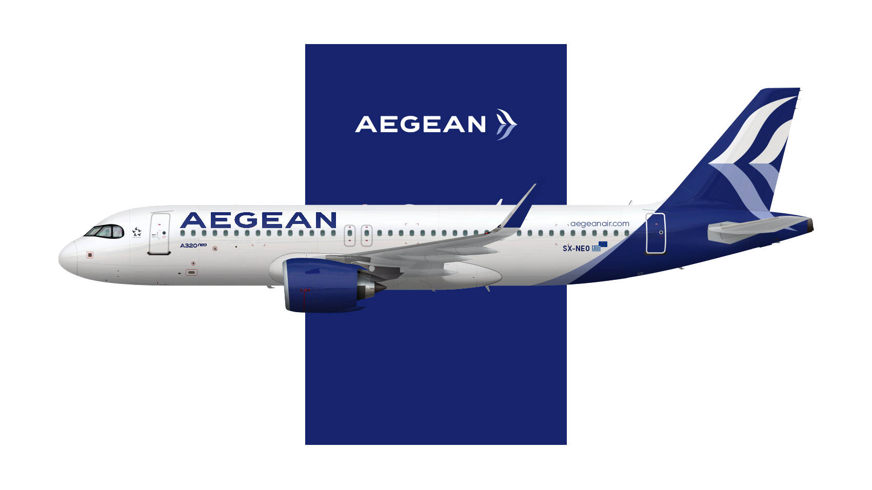 Plane 桌布 壁紙 — 一架時尚的愛琴海航空空中巴士A320neo，採用藍白塗裝，在鮮明的藍色方形背景上以側面展示。