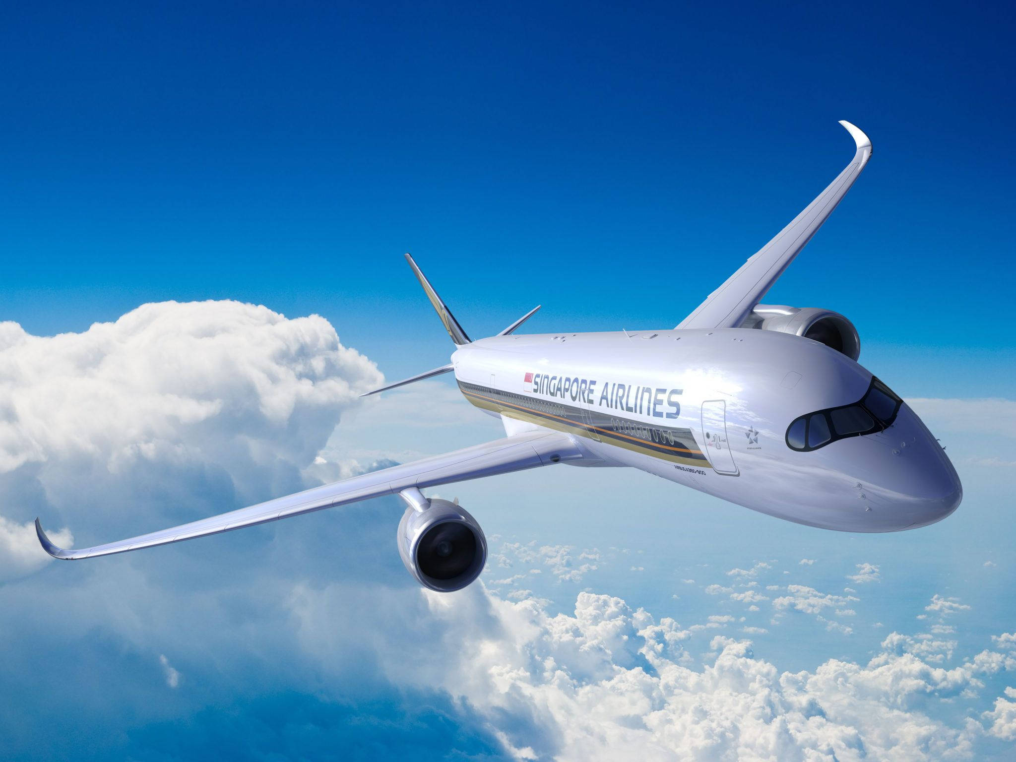 雲朵 桌布 壁紙 — 一架時尚的新加坡航空飛機在充滿活力的藍天下，優雅地翱翔在蓬鬆的白雲之上。