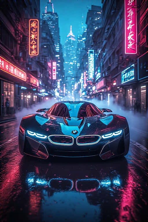 Futuristic BMW Concept Car on Neon-Lit Cyberpunk Street 壁紙 — 一架時尚的未來感BMW跑車在雨濕的街道上，在充滿活力的紅色和藍色霓虹燈招牌下，散發著霓虹藍光，呈現出賽博龐克城市景觀。