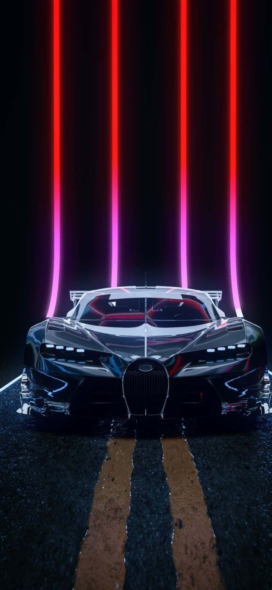 iPhone Xs Bugatti 桌布 壁紙 — 一架時尚的未來感跑車在夜晚潮濕的賽道上，在鮮豔的紅色和粉紅色霓虹燈光下閃耀。