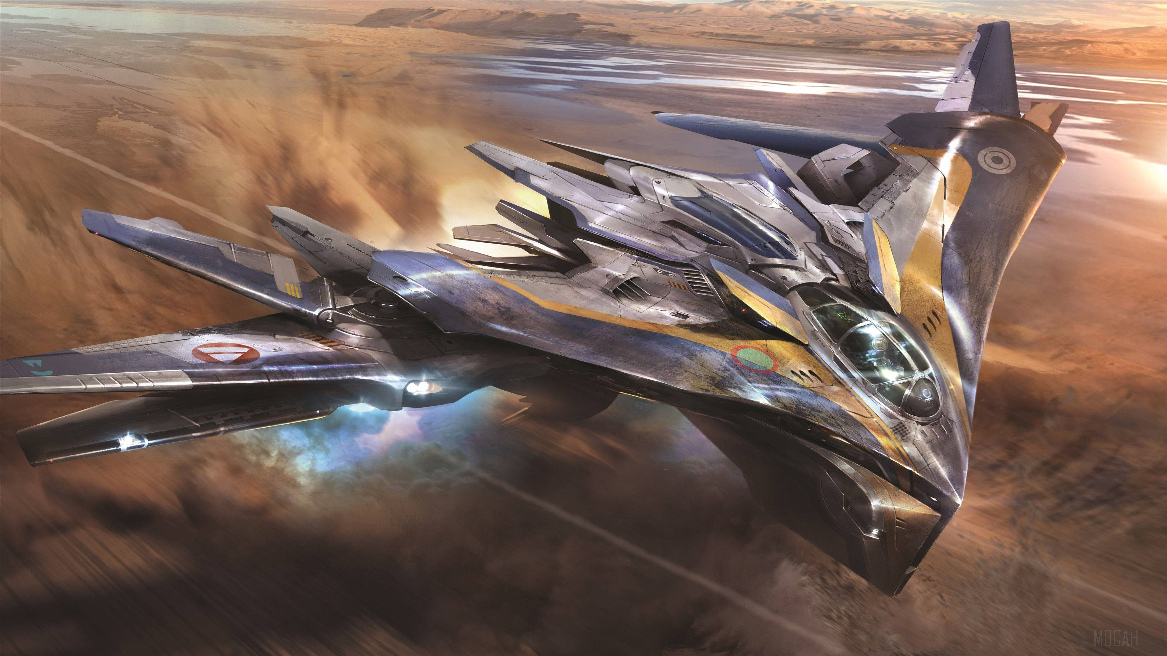 4K Guardians Of The Galaxy 桌布 壁紙 — 一架時尚的未來戰機低空飛過沙漠景觀，在動態的日落餘暉中揚起塵土。
