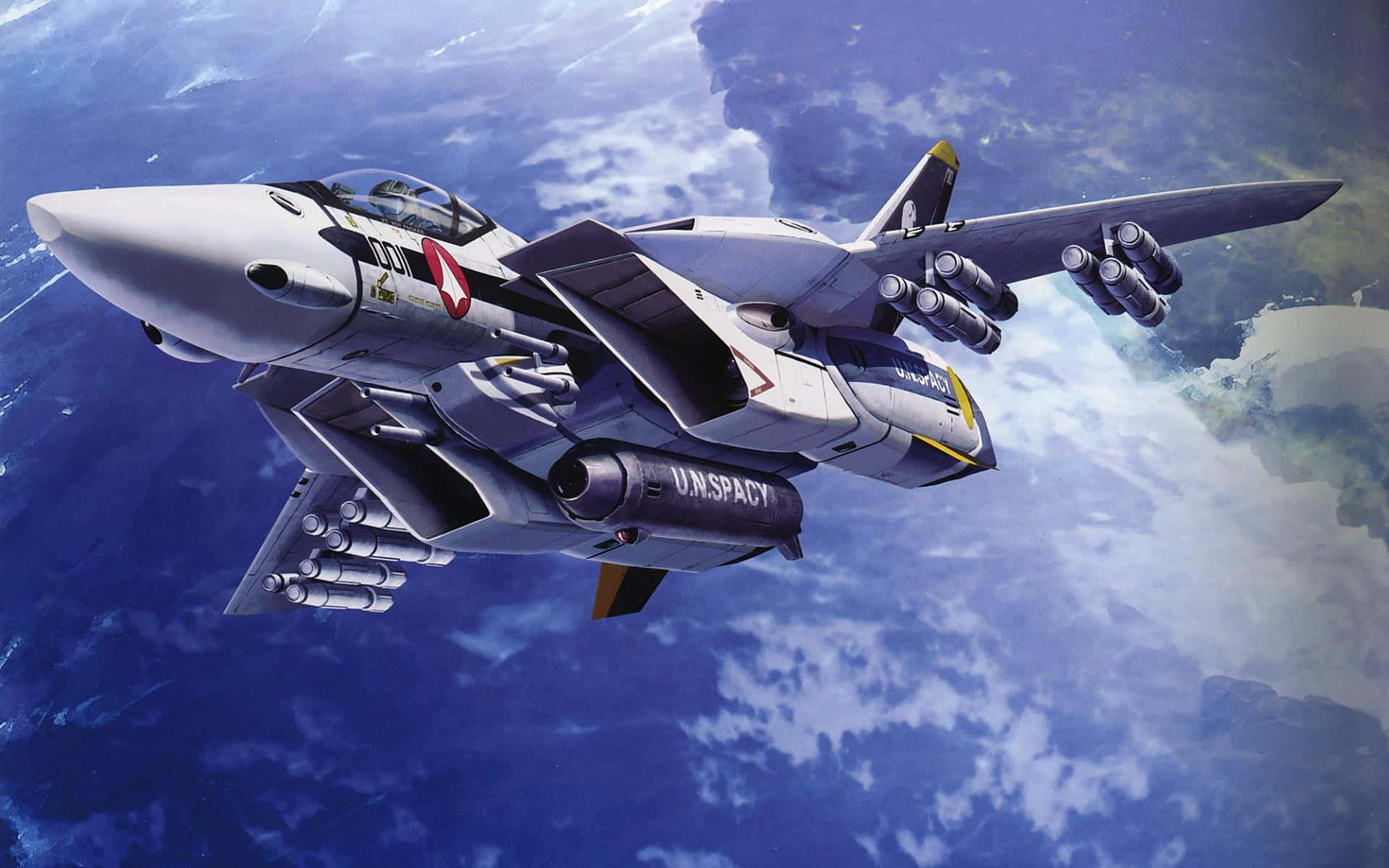 robotech 桌布 壁紙 — 一架時尚的未來戰機在地球的藍色海洋和白色雲層上空翱翔，機翼下掛載飛彈莢艙。