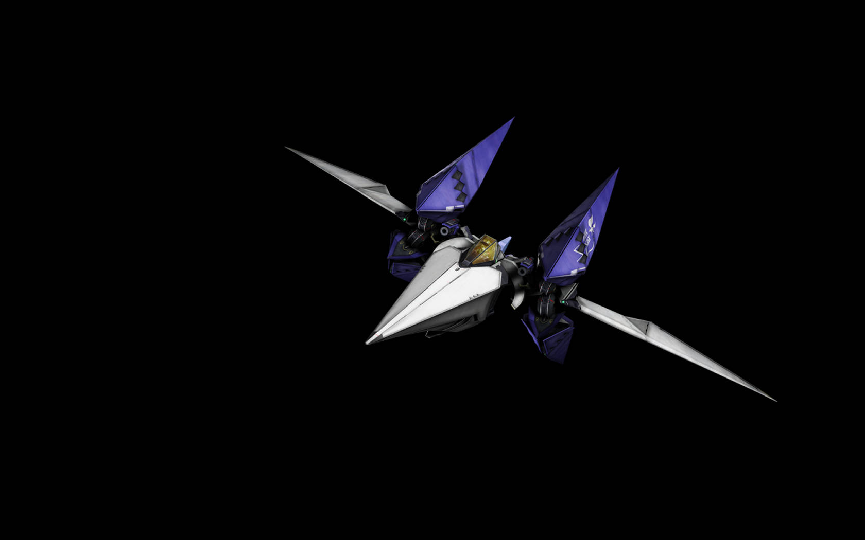 Star Fox 桌布 壁紙 — 一架時尚的未來戰鬥機，帶有紫色和銀色機翼，在純黑色虛空中滑翔。