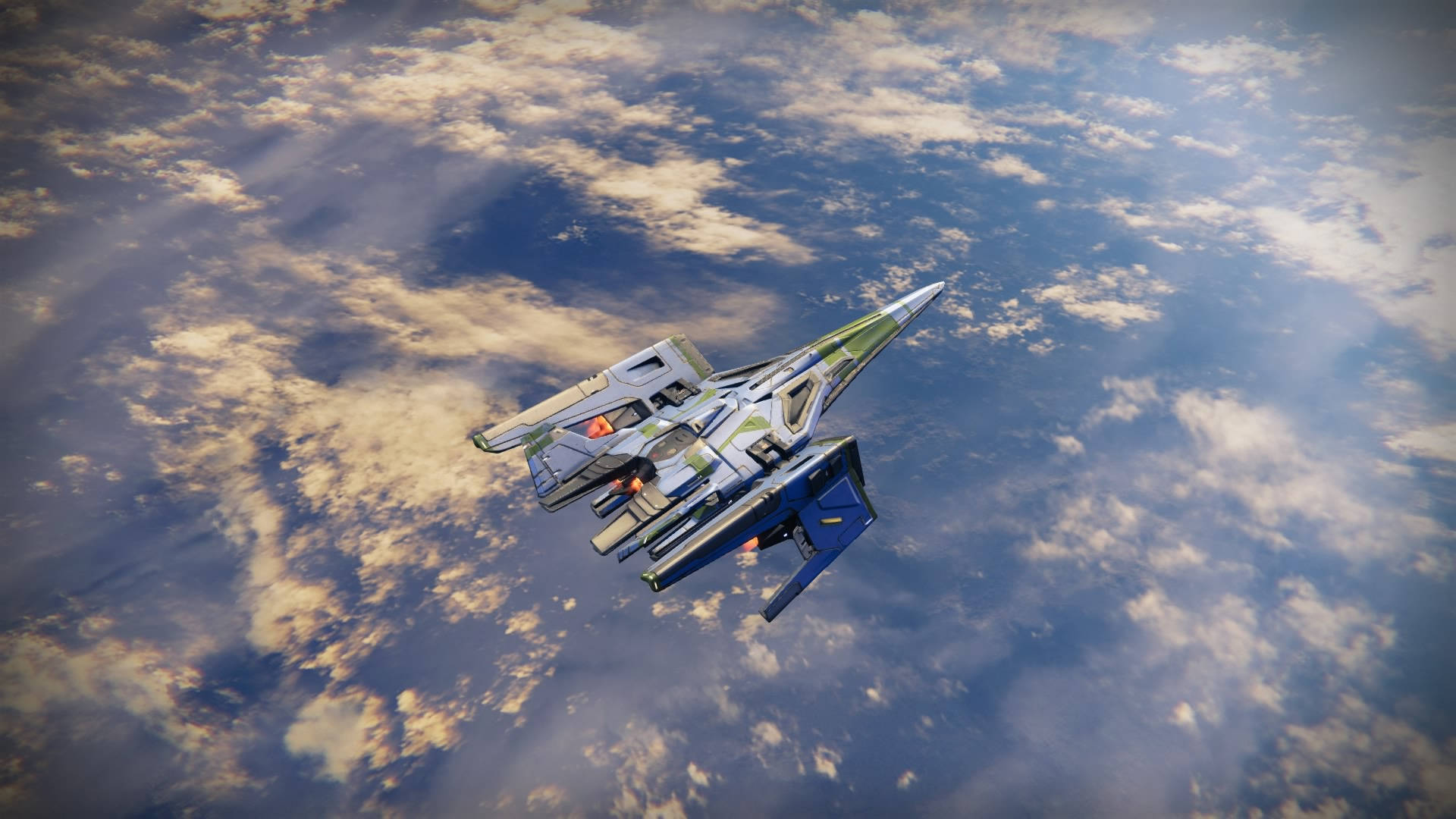 destiny 4K 桌布 壁紙 — 一架時尚的未來戰鬥機在一個擁有旋轉藍色和金色雲層的行星上空翱翔。