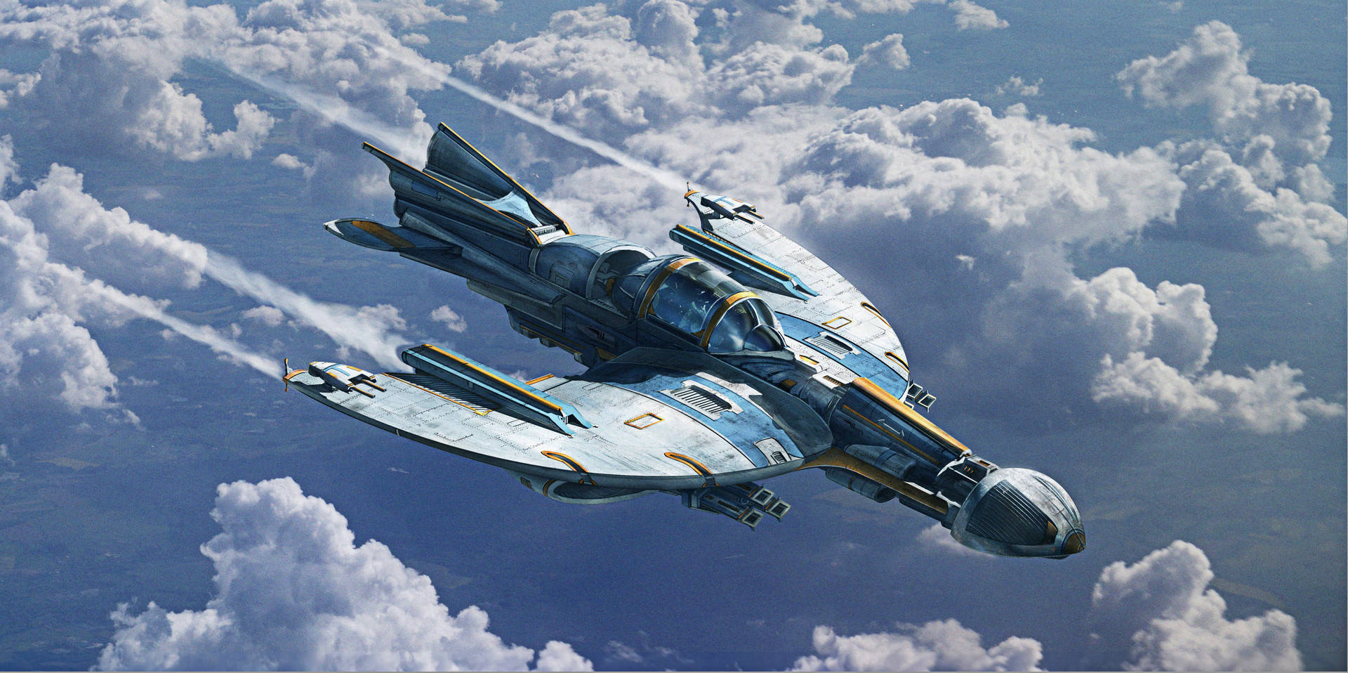 Spaceship 桌布 壁紙 — 一架時尚的未來戰鬥機在明亮的藍天中翱翔，在蓬鬆的白雲上方留下白色凝結尾跡。
