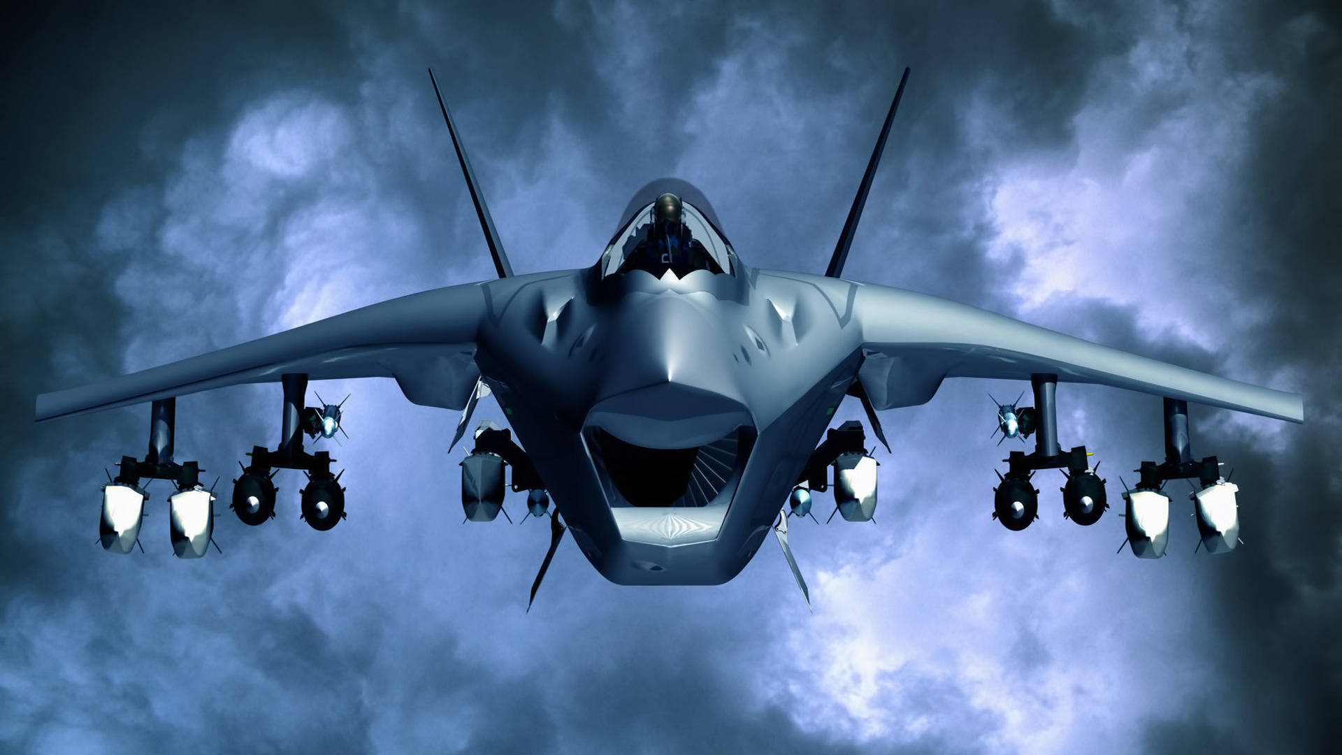 Military Jets 桌布 壁紙 — 一架時尚的未來戰鬥機在風暴黃昏的天空中翱翔，機翼下閃爍著光芒。