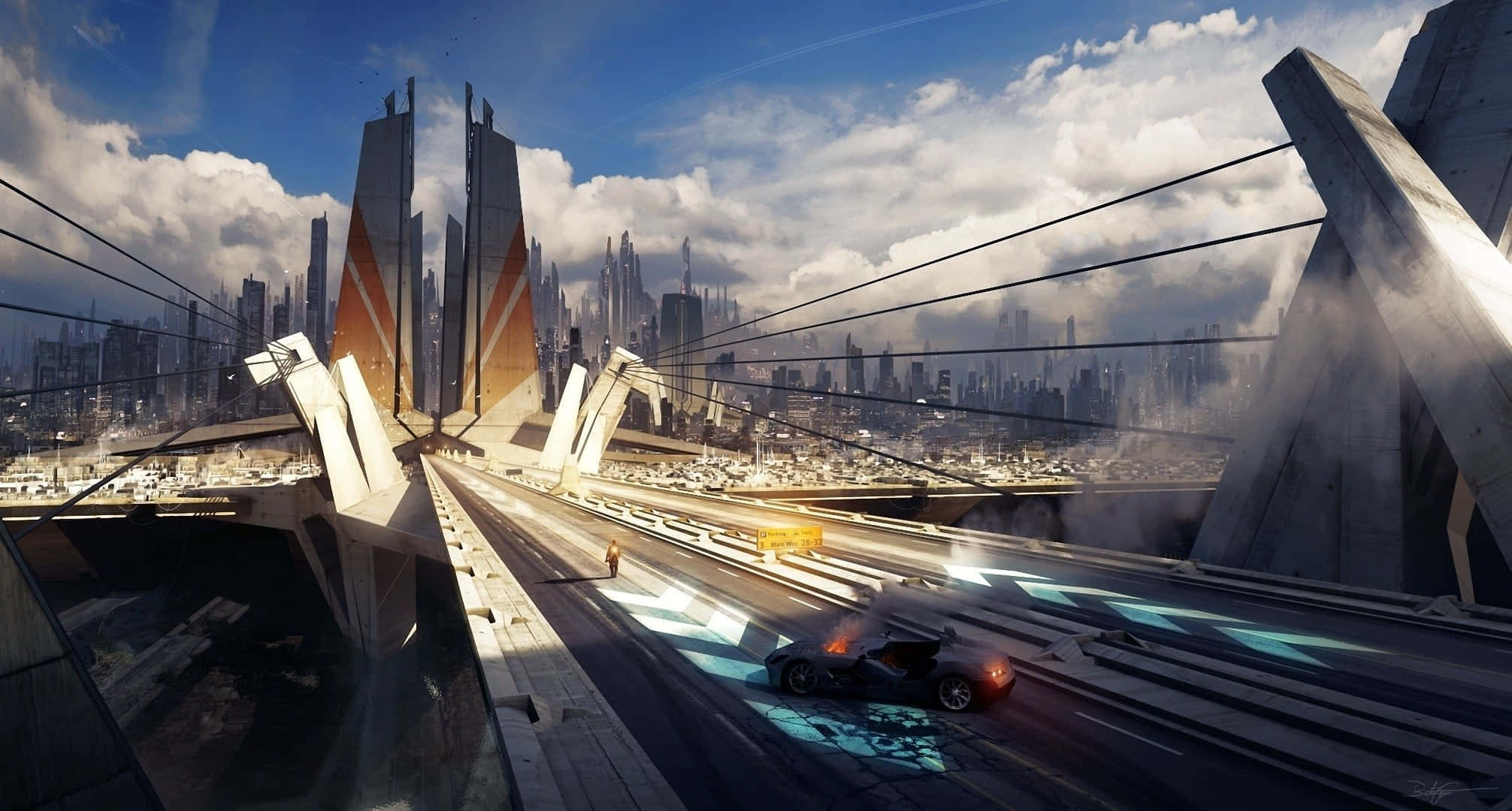 3d City 桌布 壁紙 — 一架時尚的未來汽車在明亮的藍天和蓬鬆雲朵下，飛馳在一座高聳的橋樑上，跨越廣闊的科幻城市景觀。