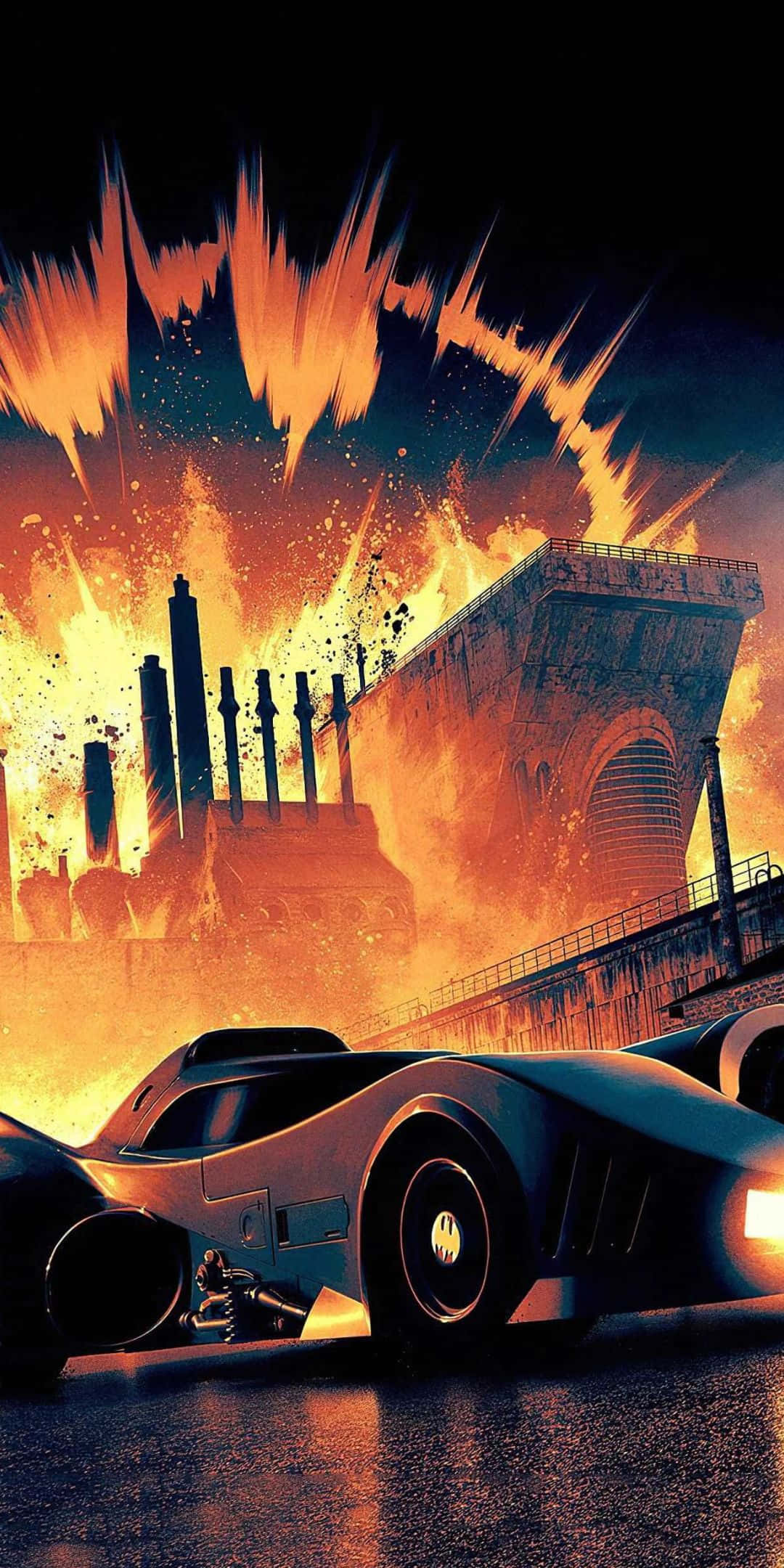 Pixel 3 Batmobile 桌布 壁紙 — 一架時尚的未來汽車在燃燒的城市峽谷中飛馳，爆炸在崩塌的建築物後方爆發。