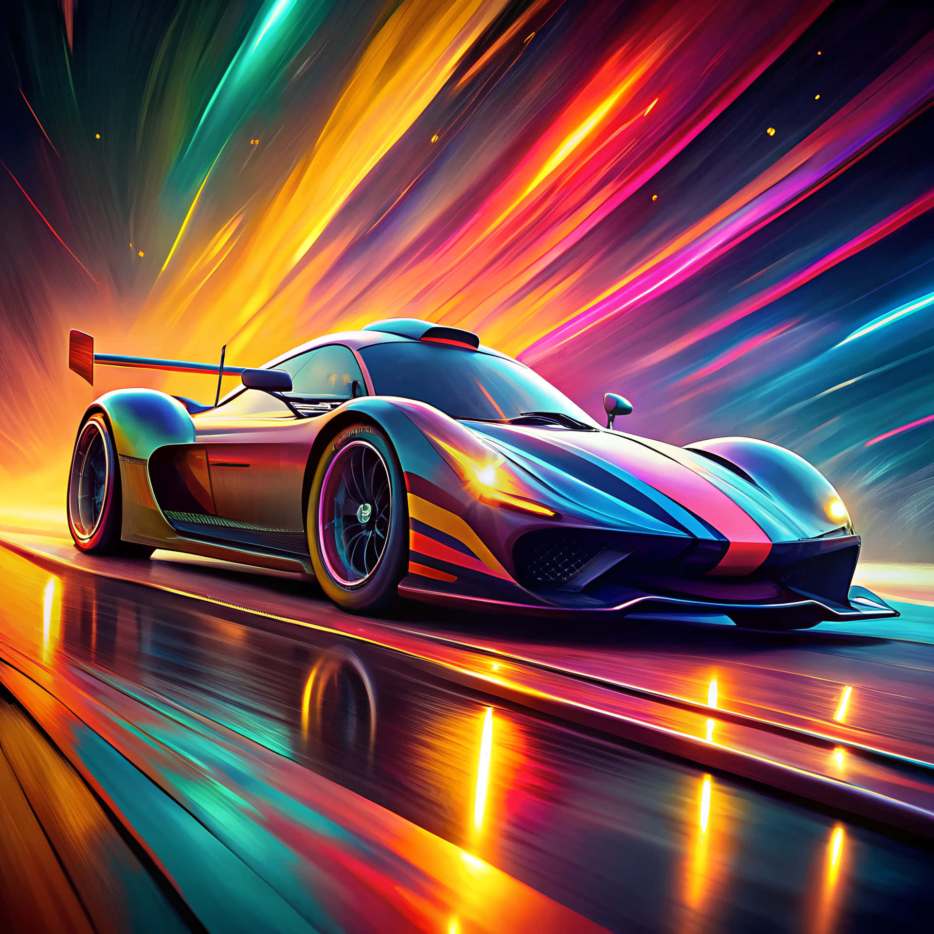 Sports car 壁紙 — 一架時尚的未來賽車在霓虹燈條隧道中疾馳，濕漉漉的路面上反射出閃爍的光芒。