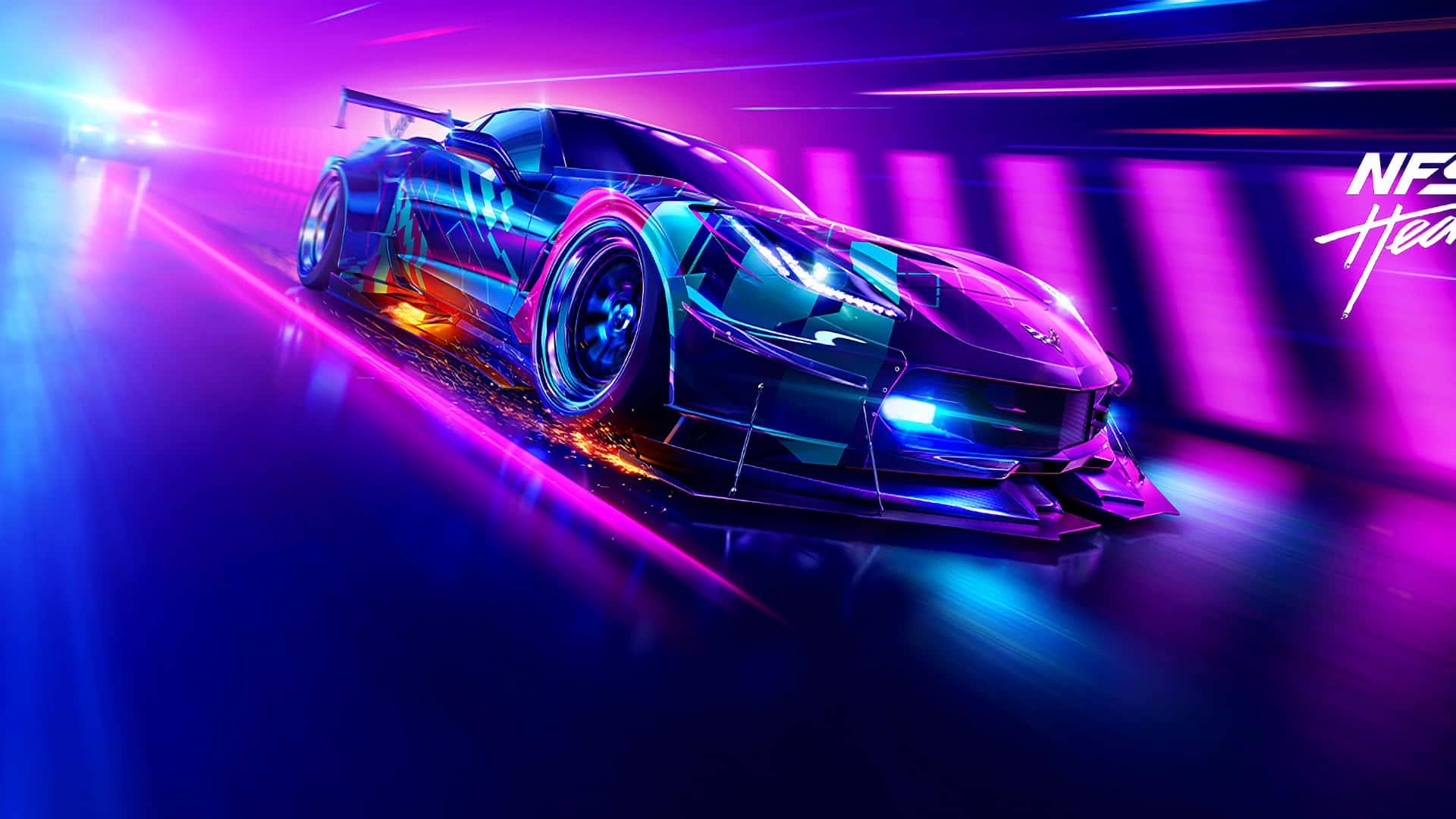 1920x1080 Need For Speed Heat 桌布 壁紙 — 一架時尚的未來賽車在霓虹燈隧道中疾馳，充滿活力的紫色和藍色燈光掠過。