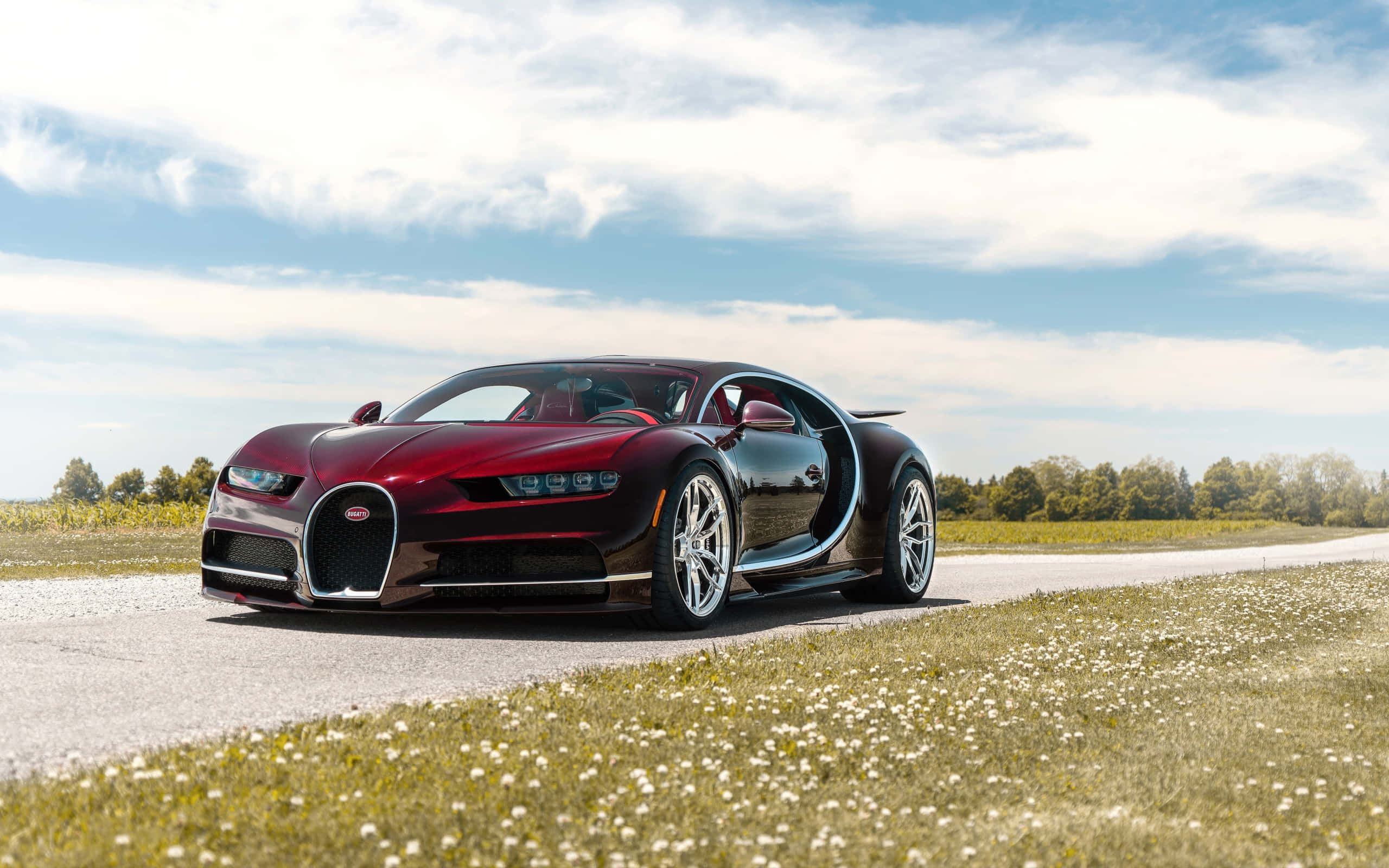 Best Bugatti 桌布 壁紙 — 一架時尚的棗紅色Bugatti Chiron打開車門，停放在鋪砌的道路上，旁邊是白色花田，天空局部多雲。
