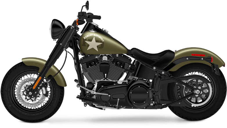 哈雷戴維森 桌布 壁紙 — 一架時尚的橄欖綠色Harley-Davidson摩托車，油箱上有白色星星標誌，孤立在黑色背景前。