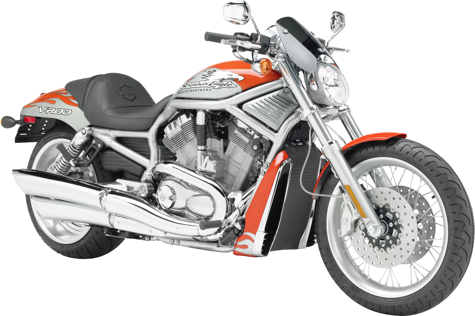 哈雷戴維森 桌布 壁紙 — 一架時尚的橙色和鍍鉻Harley-Davidson V-Rod摩托車，帶有鍍鉻排氣管和輻條輪，孤立在黑色背景前。