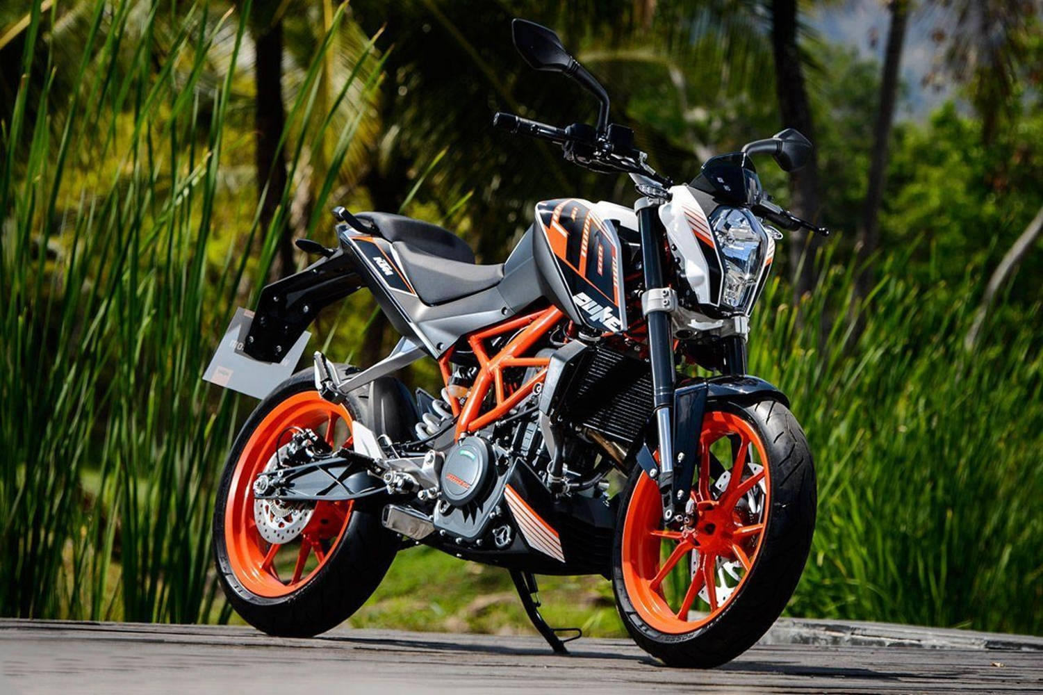 motorbike 桌布 壁紙 — 一架時尚的橙色和黑色KTM機車停放在木製甲板上，周圍環繞著茂密的綠色熱帶植物。