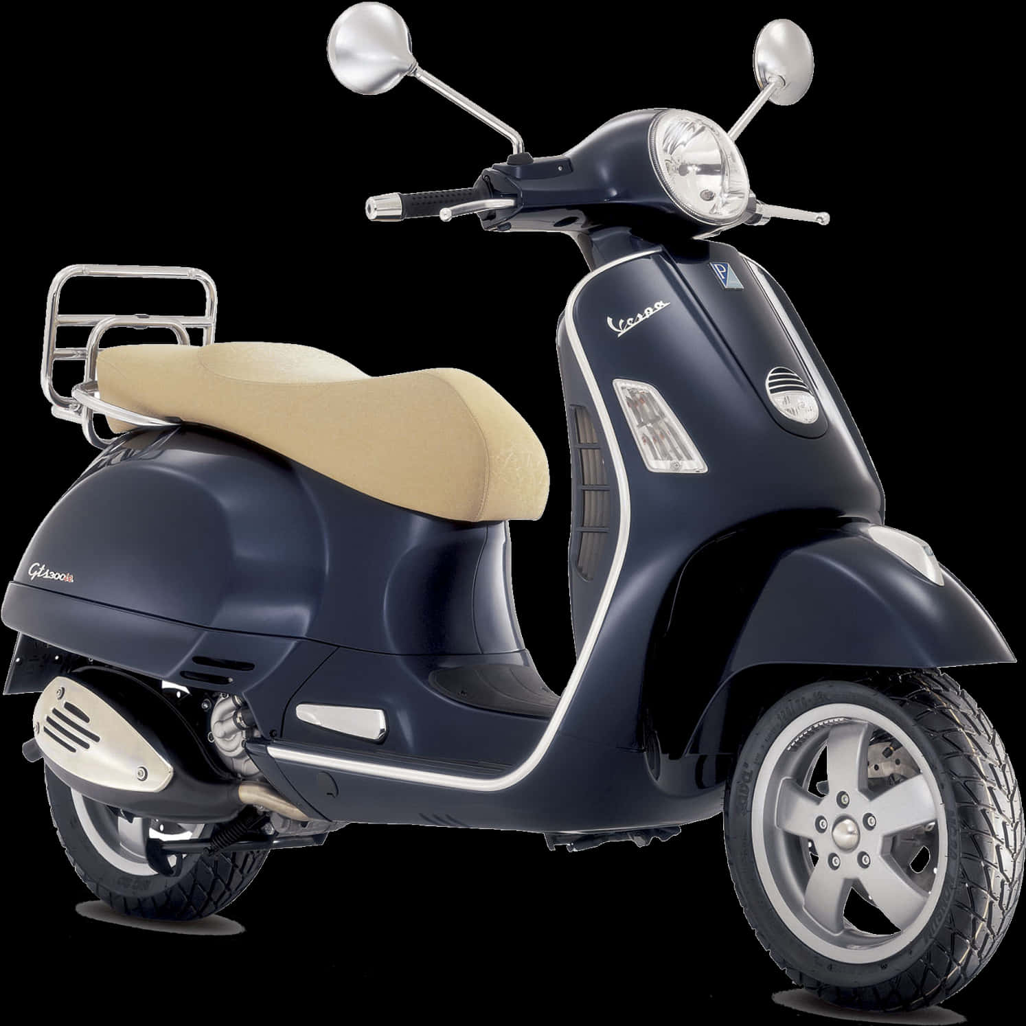 Bike HD 桌布 壁紙 — 一架時尚的海軍藍色Vespa摩托車，配以米色座椅和鍍鉻裝飾，在純黑色背景下孤立地展示。