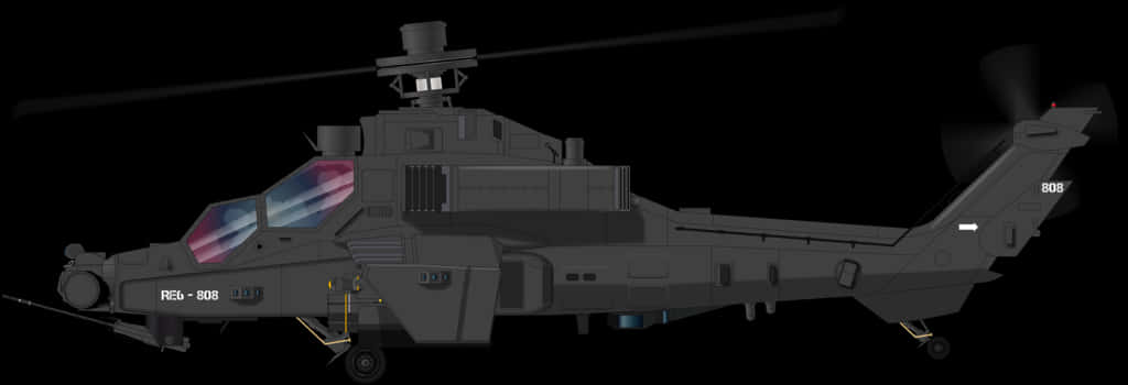 Aircraft 桌布 壁紙 — 一架時尚的深灰色軍用直升機，帶有發光的駕駛艙和旋翼葉片，背景為黑色。