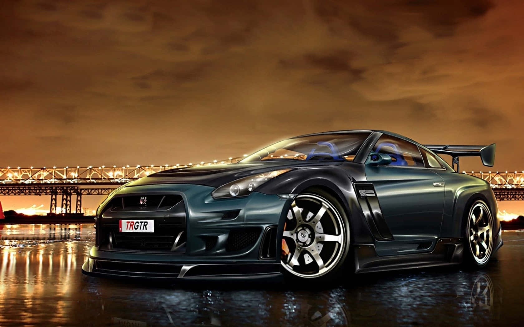 深青綠色日產GT-R跑車在黃昏時停泊，帶有橋樑倒影。 — Toyota Supra Mk4 壁紙