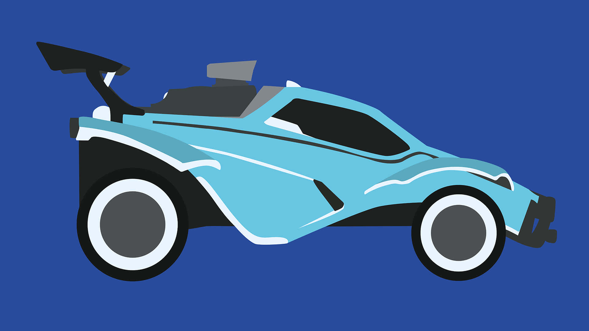 Rocket League Art 桌布 壁紙 — 一架時尚的淺藍色卡通賽車，帶有白色車輪和黑色點綴，在純藍色背景上脫穎而出。