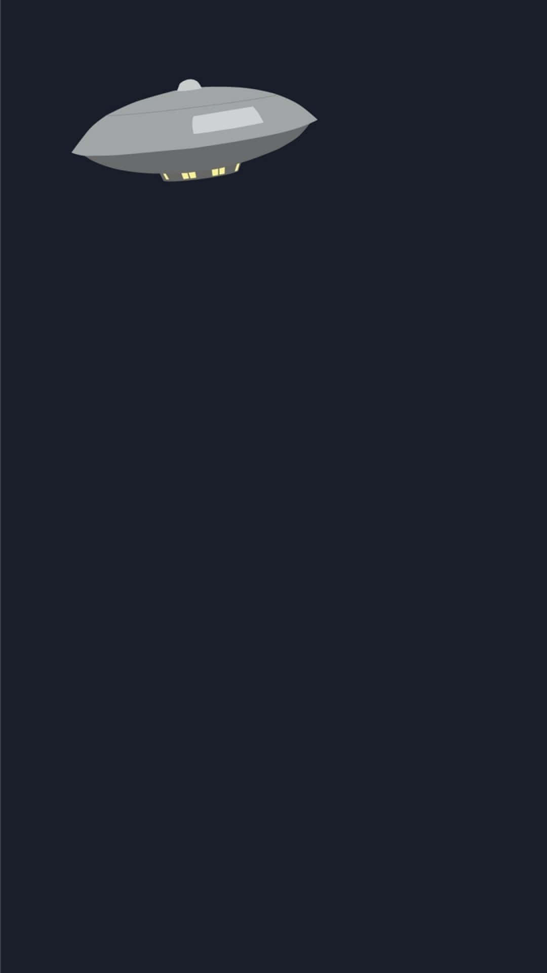 極簡 iPhone 桌布 壁紙 — 一架時尚的灰色UFO帶有發光的黃色燈光，懸浮在深藍色夜空前。