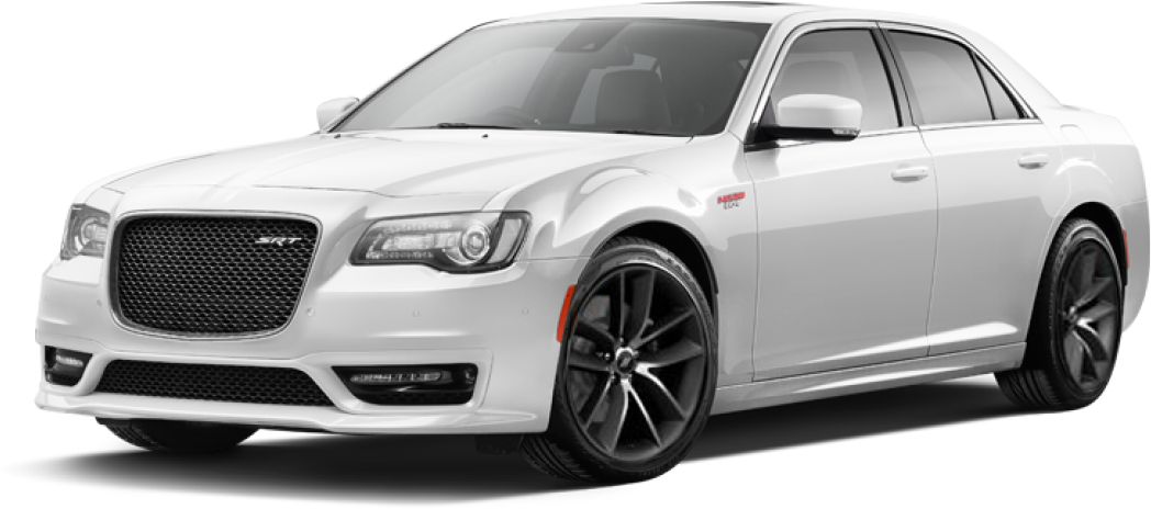 克萊斯勒 桌布 壁紙 — 一架時尚的白色 Chrysler 300 SRT 轎車，配備黑色輪圈和侵略性前格柵，孤立在透明背景上。