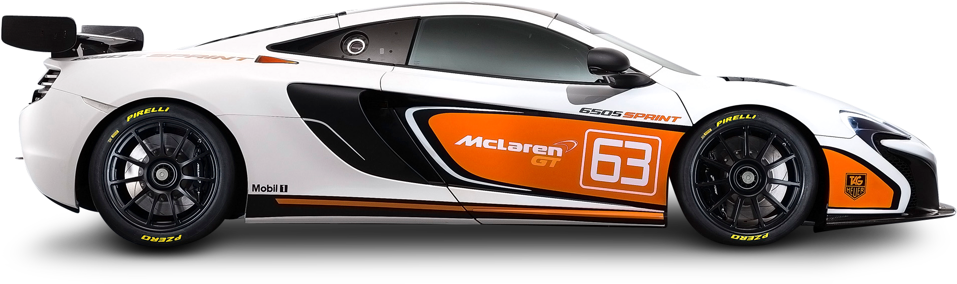 麥拉倫 桌布 壁紙 — 一架時尚的白色McLaren 650S Sprint賽車，帶有橙色點綴和63號，背景為黑色。