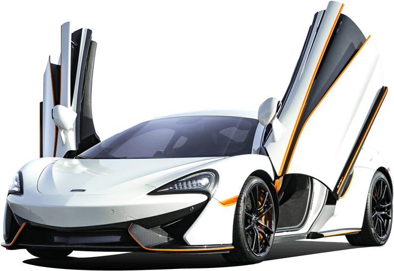 麥拉倫 桌布 壁紙 — 一架時尚的白色McLaren跑車，帶有橙色點綴和鷗翼門打開，背景為黑色。