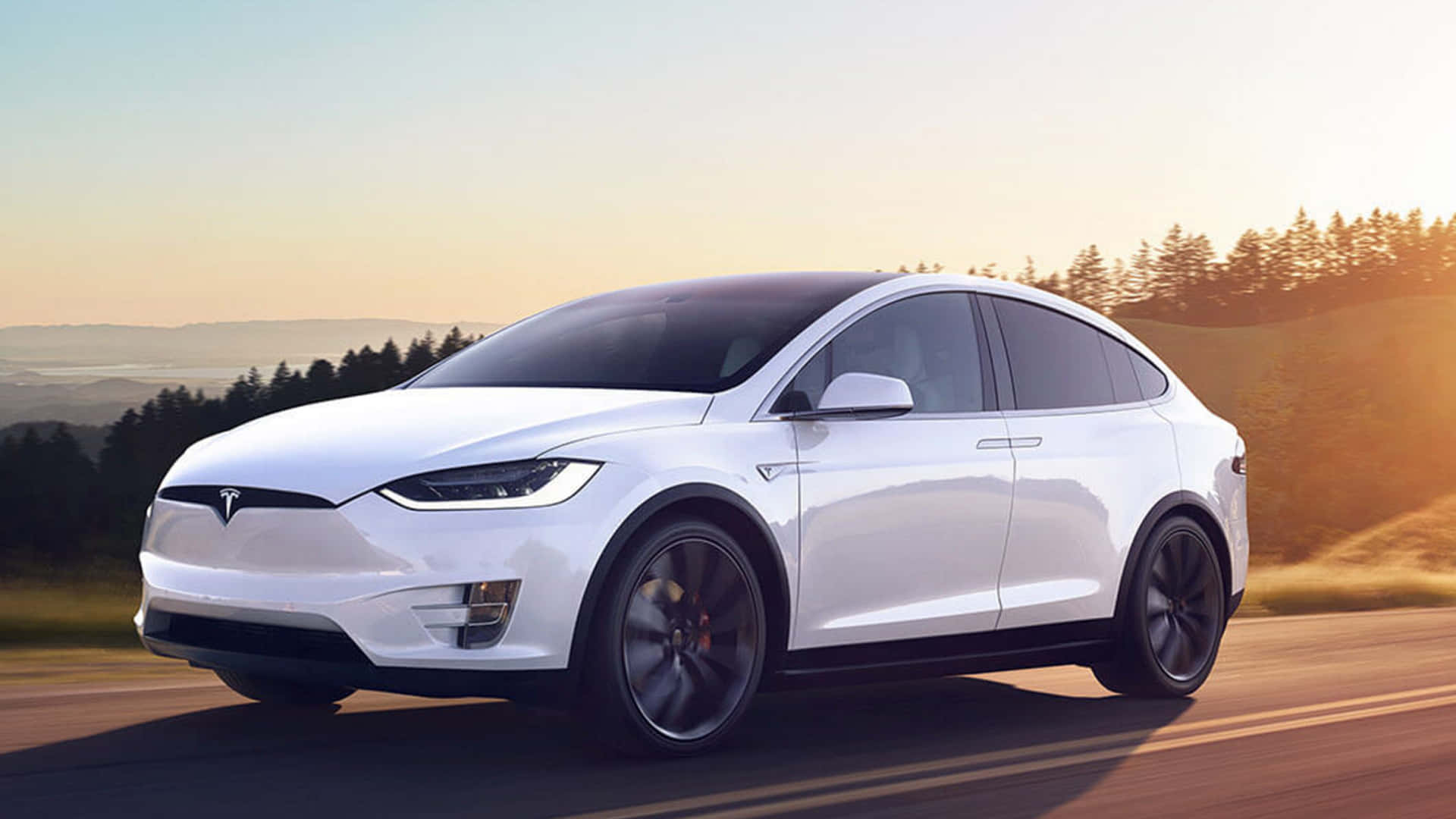 特斯拉 桌布 壁紙 — 一架時尚的白色Tesla Model X在陽光明媚的道路上行駛，背景是起伏的山丘和樹木。