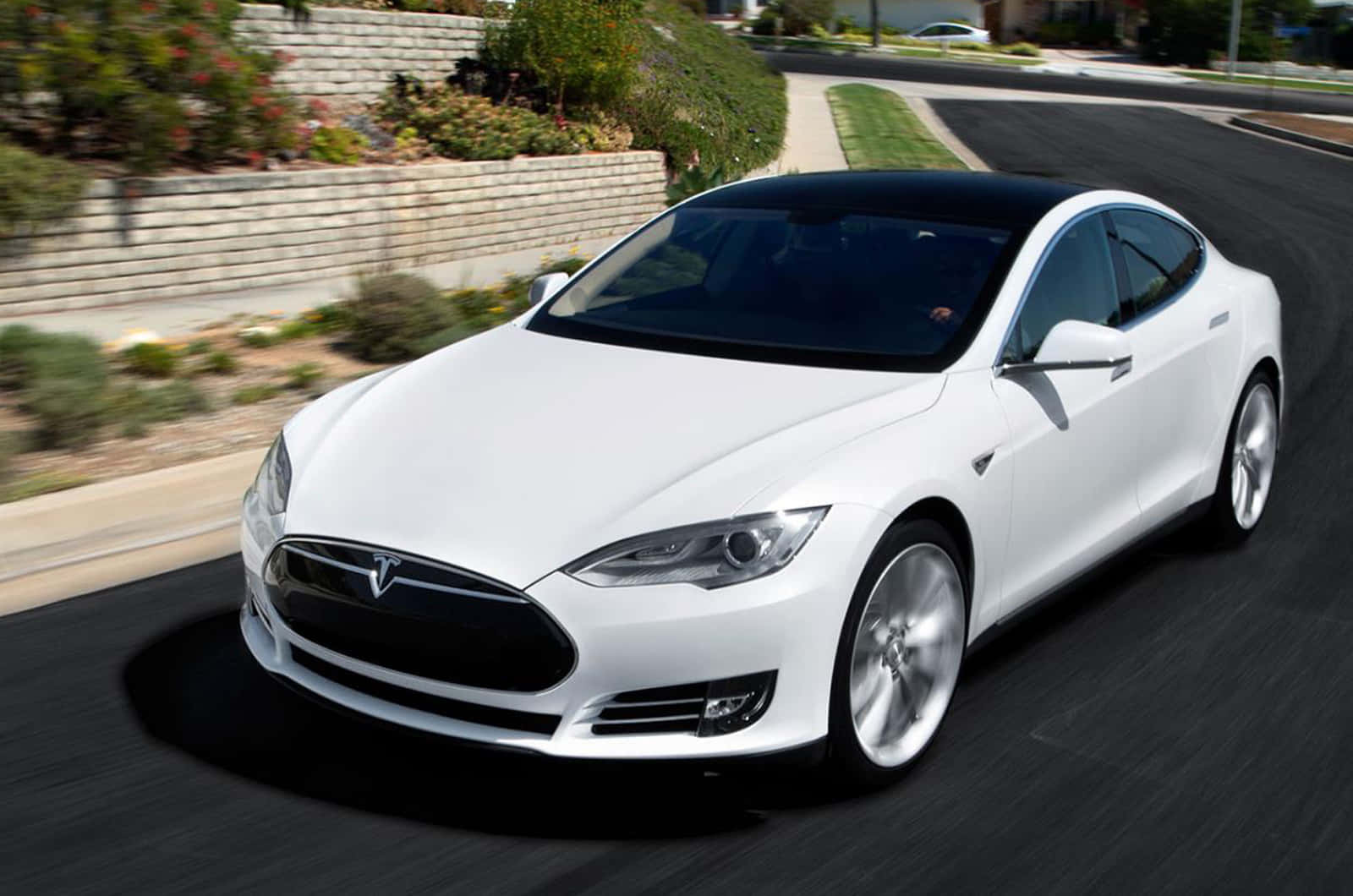 特斯拉 桌布 壁紙 — 一架時尚的白色Tesla Model S在郊區道路上疾馳，車輪和綠化周圍帶有動態模糊效果。