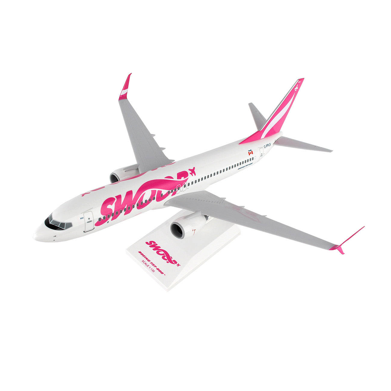 tiny 桌布 壁紙 — 一架時尚的白色和粉紅色Swoop Airlines模型飛機，展示在品牌支架上，背景為純淨白色。