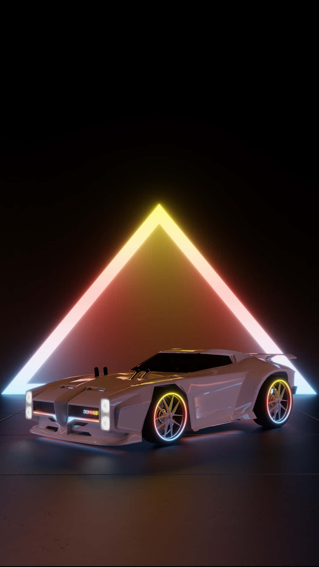 Rocket League Car 桌布 壁紙 — 一架時尚的白色未來主義跑車在黑暗的攝影棚環境中，在充滿活力的霓虹三角形燈光下發光。