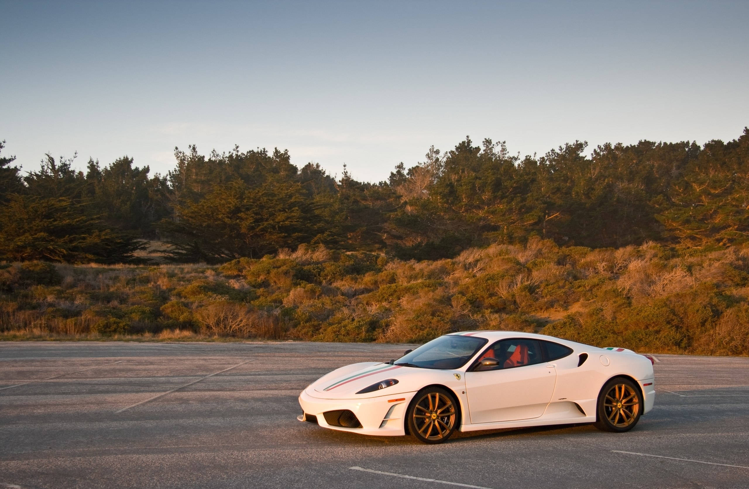 white ferrari 桌布 壁紙 — 一架時尚的白色法拉利跑車停在瀝青停車場上，背景是金色的日落光線和茂密的樹木。