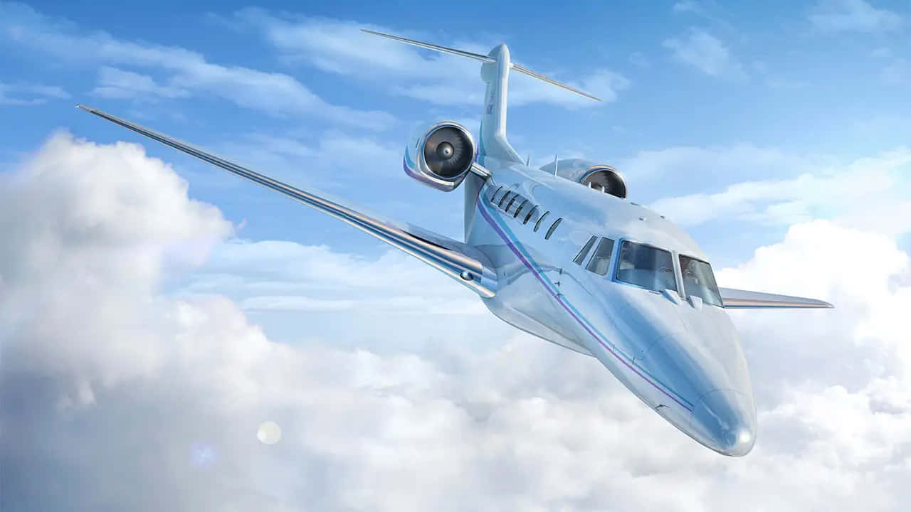 flying 桌布 壁紙 — 一架時尚的白色私人飛機在明亮的藍天下優雅地翱翔於蓬鬆的白雲之上。
