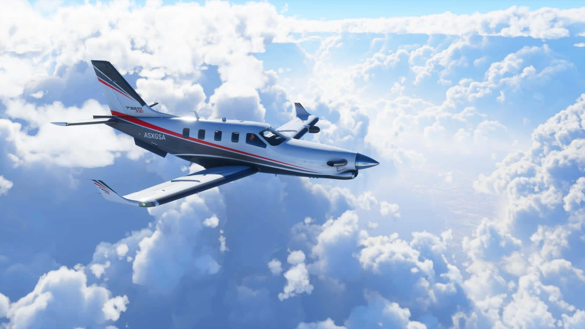 1080p Microsoft Flight Simulator 桌布 壁紙 — 一架時尚的白色私人飛機帶有紅色條紋，在明亮的藍天下翱翔於蓬鬆的白雲之上。
