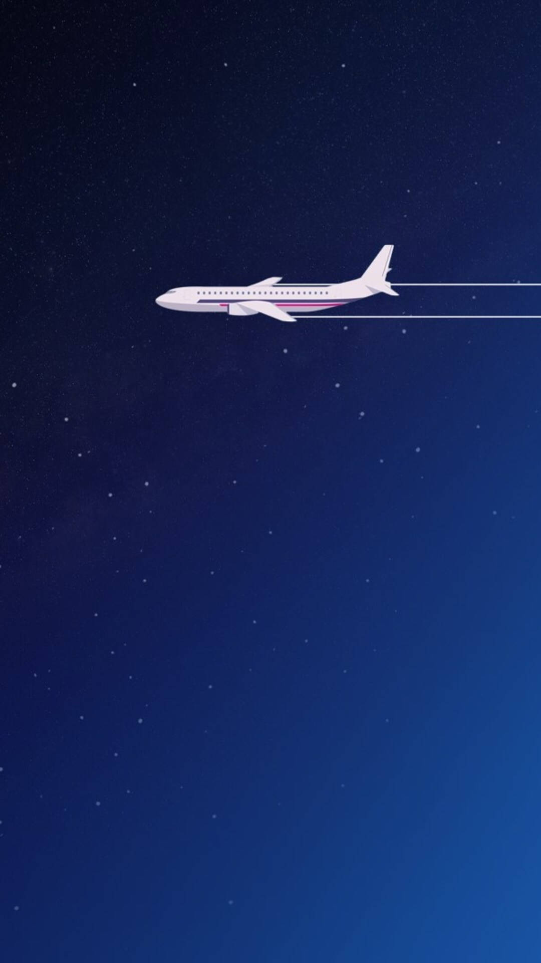 飛機 桌布 壁紙 — 一架時尚的白色飛機在繁星點點的夜空中滑翔，在深藍色漸變背景下留下一道細細的凝結尾跡。