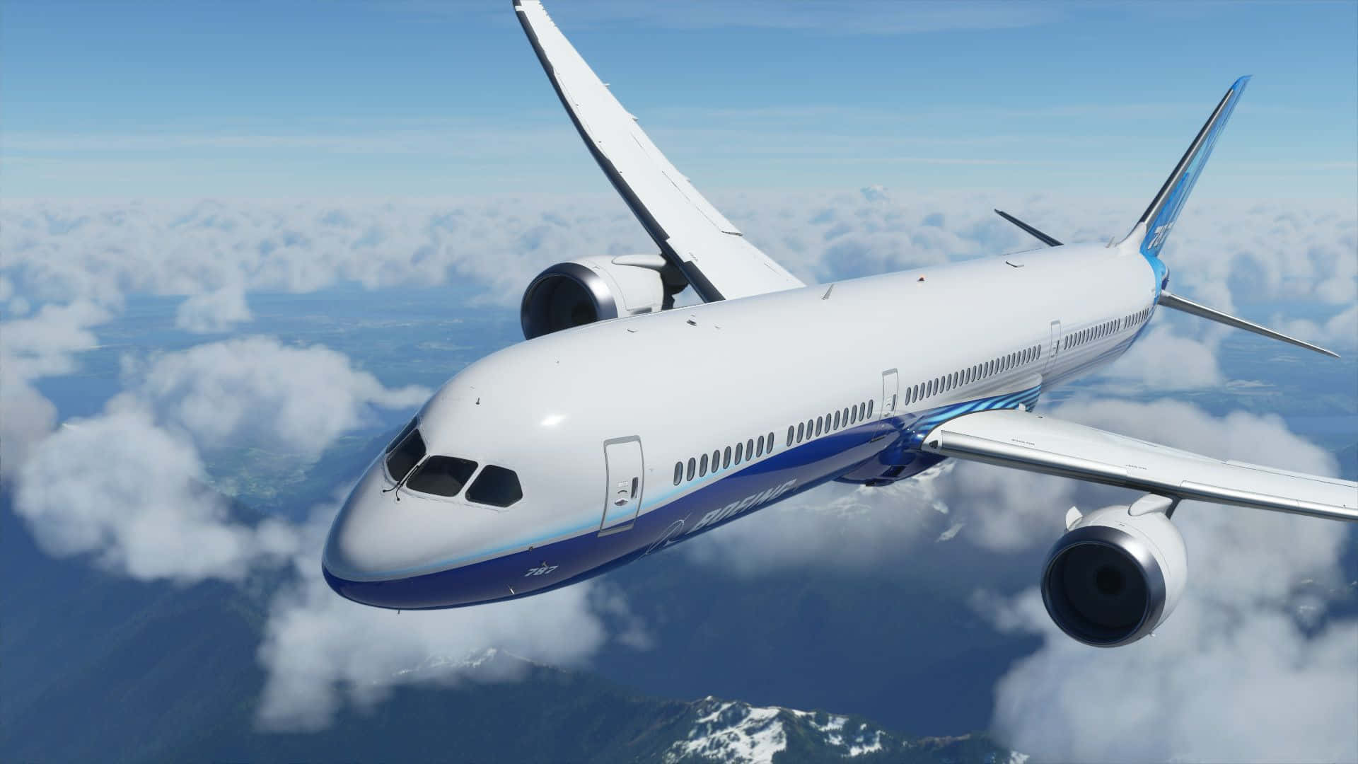 1920x1080 Microsoft Flight Simulator 桌布 壁紙 — 一架時尚的白色飛機帶有藍色點綴，在晴朗的藍天下翱翔於蓬鬆的雲層之上，飛越積雪覆蓋的山脈。
