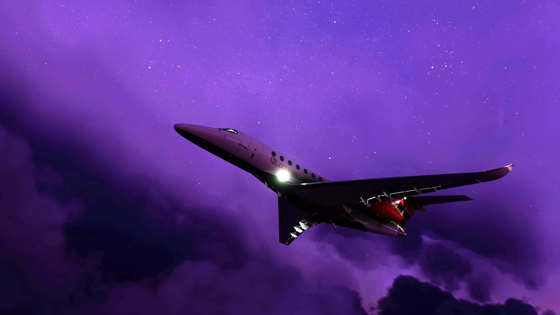 Flight 桌布 壁紙 — 一架時尚的私人飛機在點綴著星星和烏雲的充滿活力的紫色夜空中翱翔。