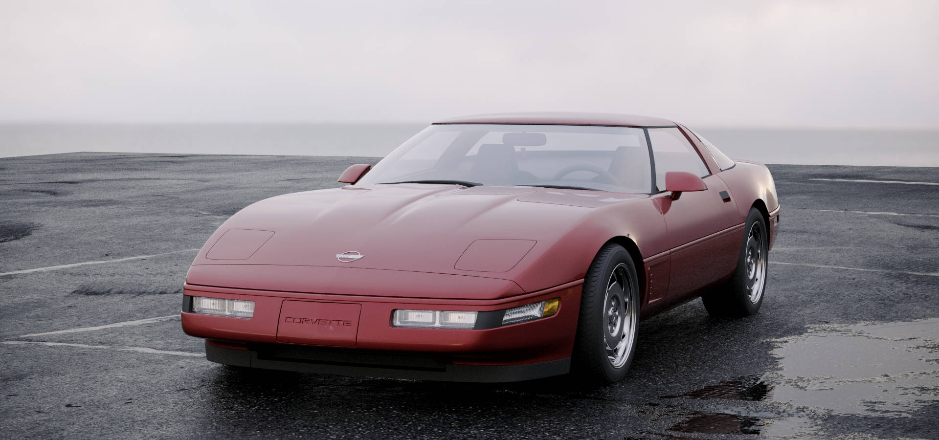 corvette 桌布 壁紙 — 一架時尚的紅色Corvette跑車停放在濕漉漉的瀝青停車場上，背景是灰濛濛的海洋地平線，天空多雲。