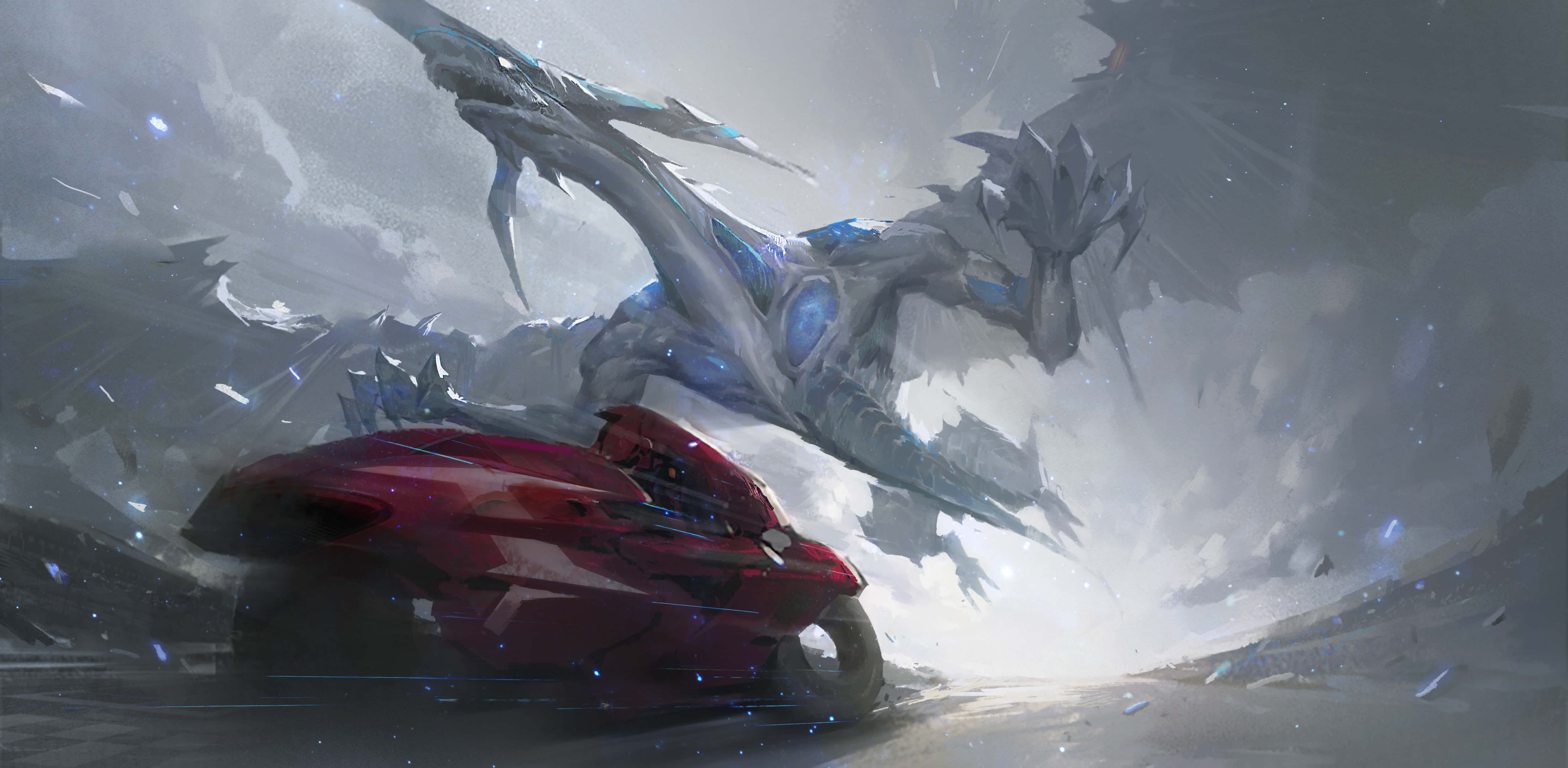 Yugioh Dragons 桌布 壁紙 — 一架時尚的紅色摩托車在暴風雨中疾馳，而一隻巨大的冰龍在戲劇性的奇幻場景中盤旋在上空。