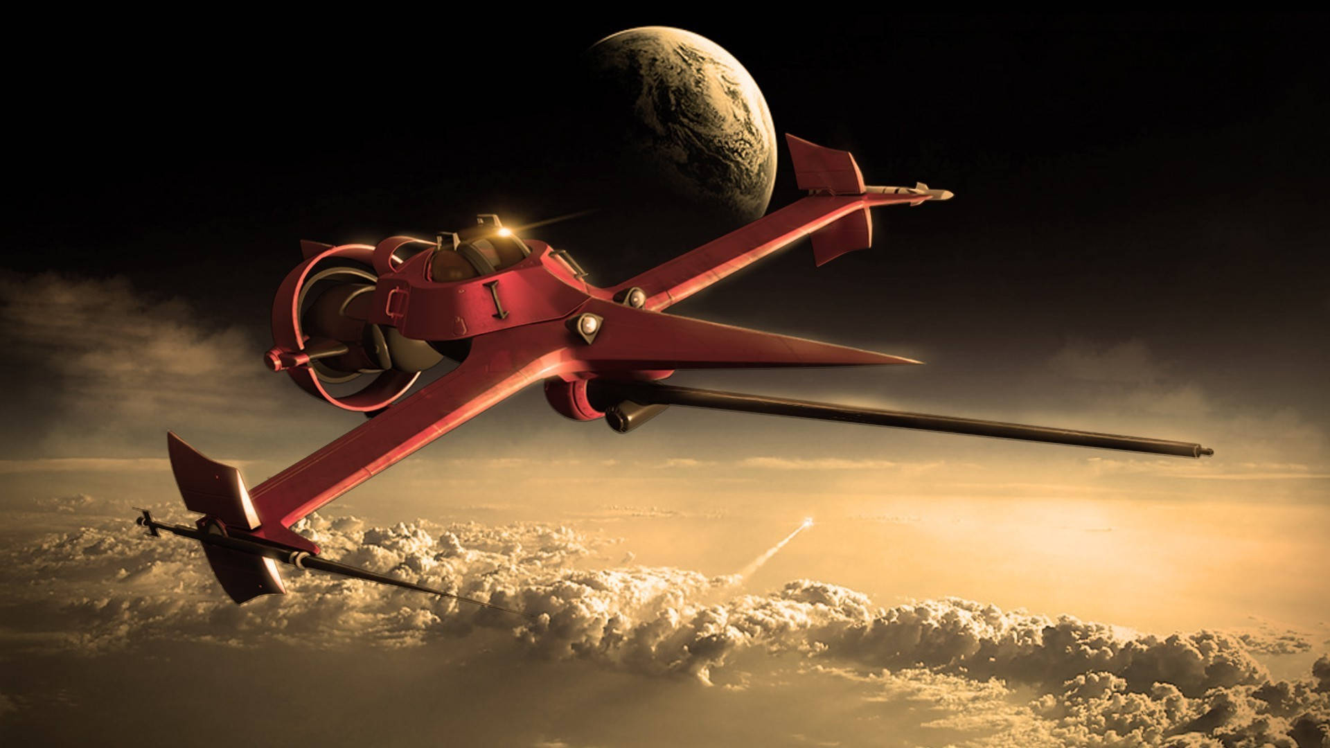 Cowboy Bebop Desktop 桌布 壁紙 — 一架時尚的紅色未來飛機在金色雲層上方翱翔，背後黑暗的天空中隱現著一顆行星。