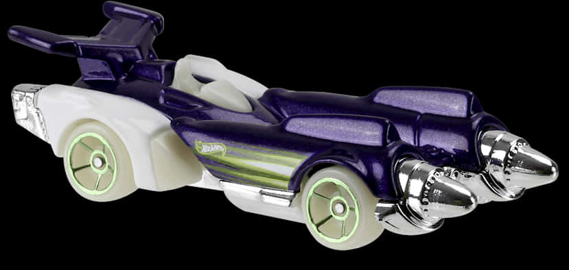 Hot Wheels 桌布 壁紙 — 一架時尚的紫色和白色玩具賽車，帶有發光綠色車輪和鍍鉻裝飾，背景為黑色。