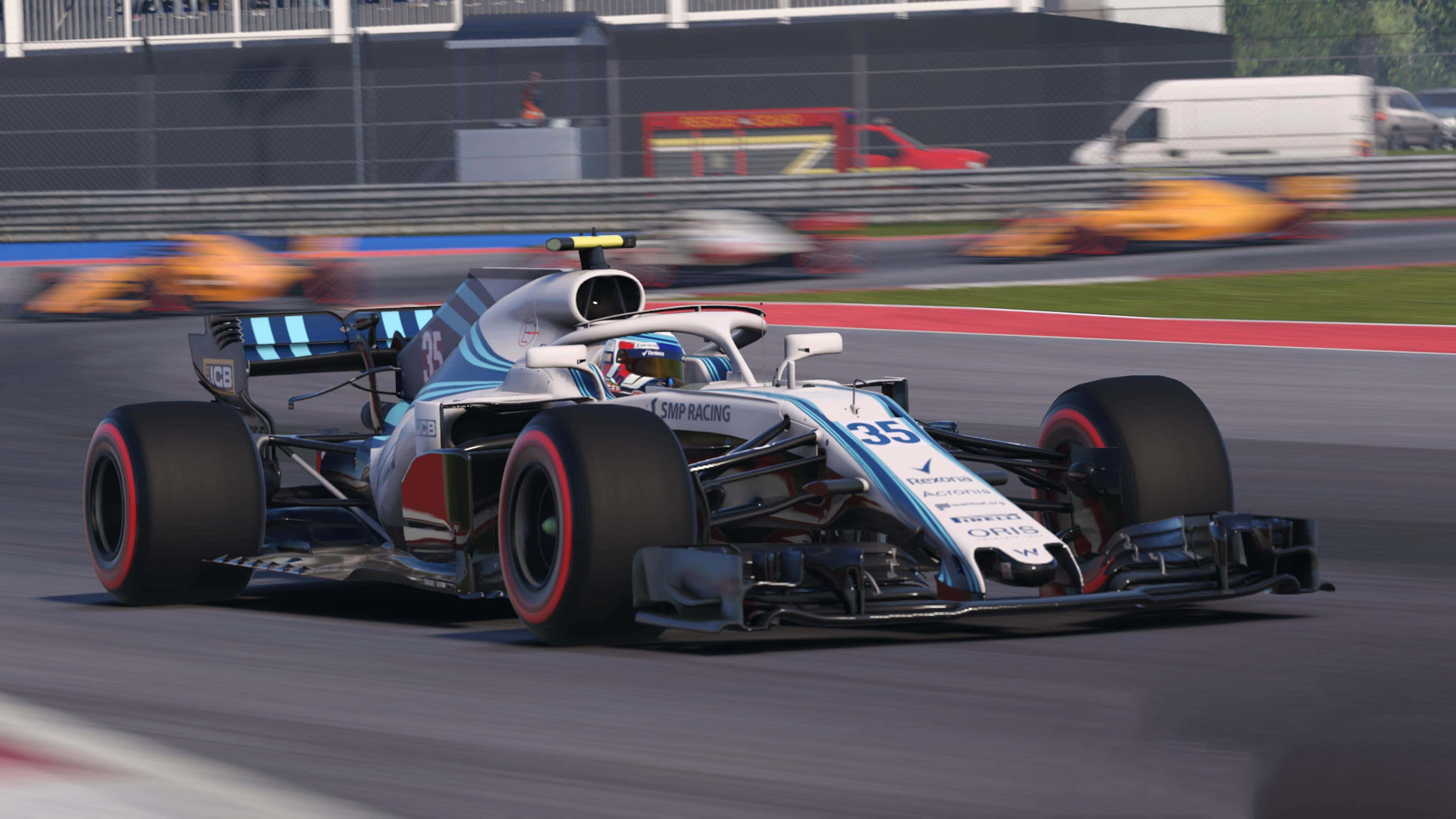 Racing 桌布 壁紙 — 一架時尚的藍白相間一級方程式賽車，編號35，在賽道上奔馳，背景有模糊的競爭對手。