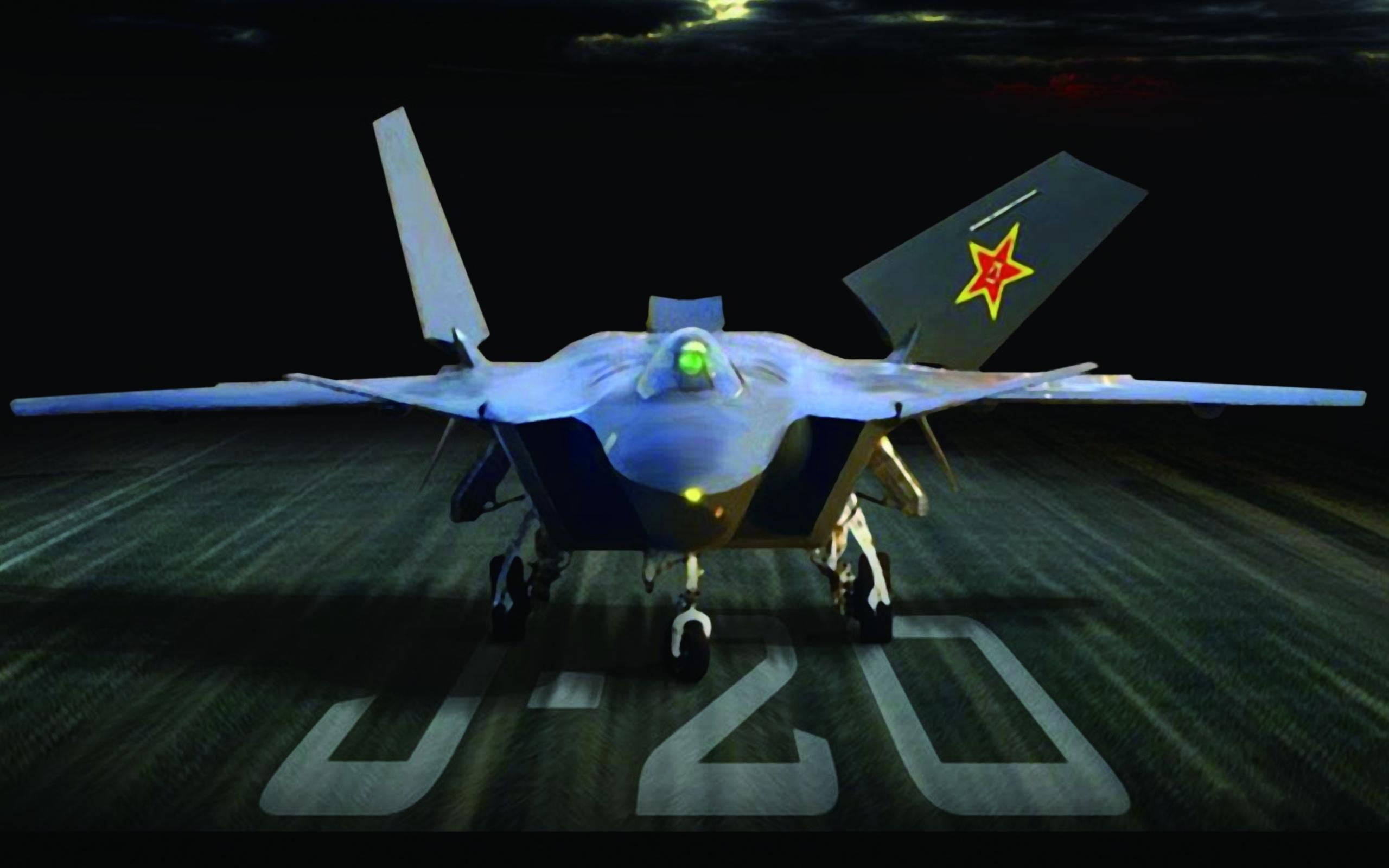 transportation 桌布 壁紙 — 一架時尚的藍色J-20隱形戰鬥機帶有紅色星徽，在夜間跑道上戲劇性的燈光下。
