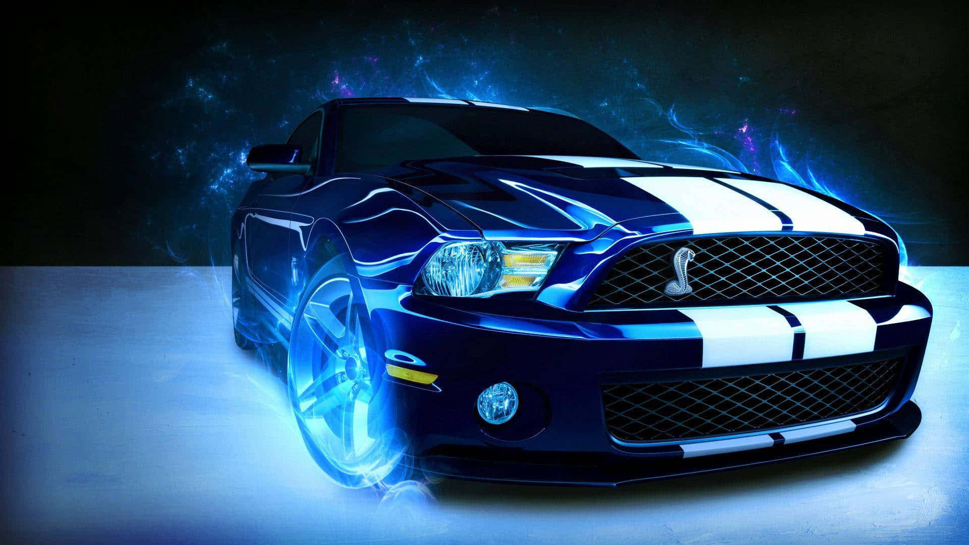 藝術 桌布 壁紙 — 一架時尚的藍色Shelby Mustang帶有白色賽車條紋，在宇宙星雲背景下散發出電光藍色的能量。