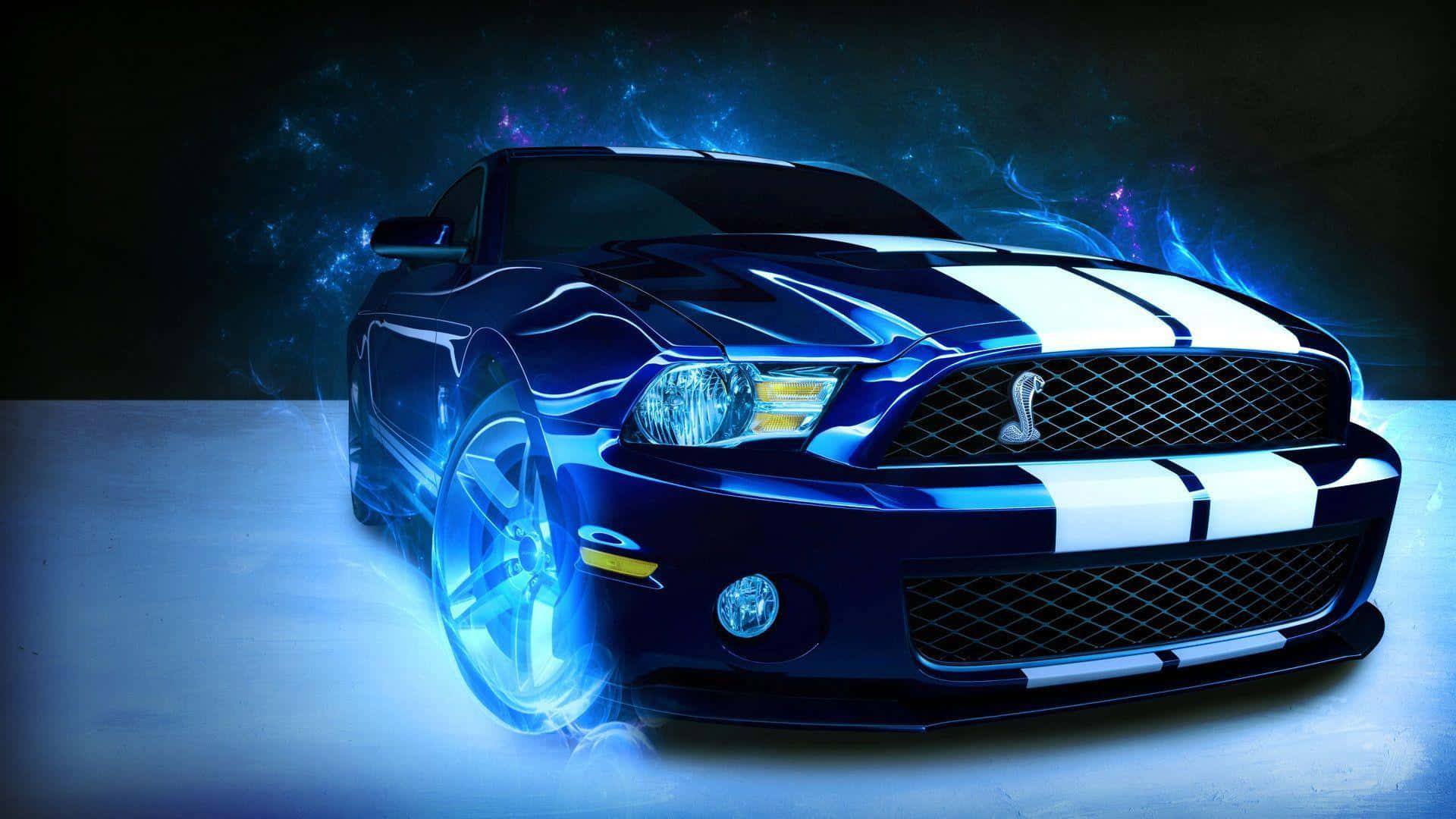 野馬GIF 桌布 壁紙 — 一架時尚的藍色Shelby Mustang帶有白色賽車條紋，在黑暗的宇宙背景下散發出電光藍色的能量。